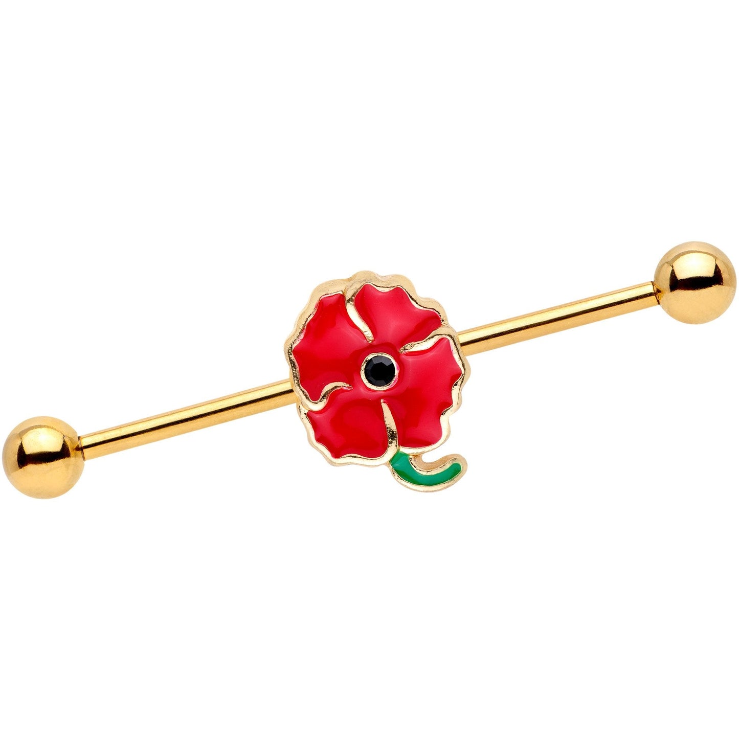 14G Clear Gem Gold PVD Red Flower Industrial Barbell 38mm - BodyCandy - Flyclothing LLC