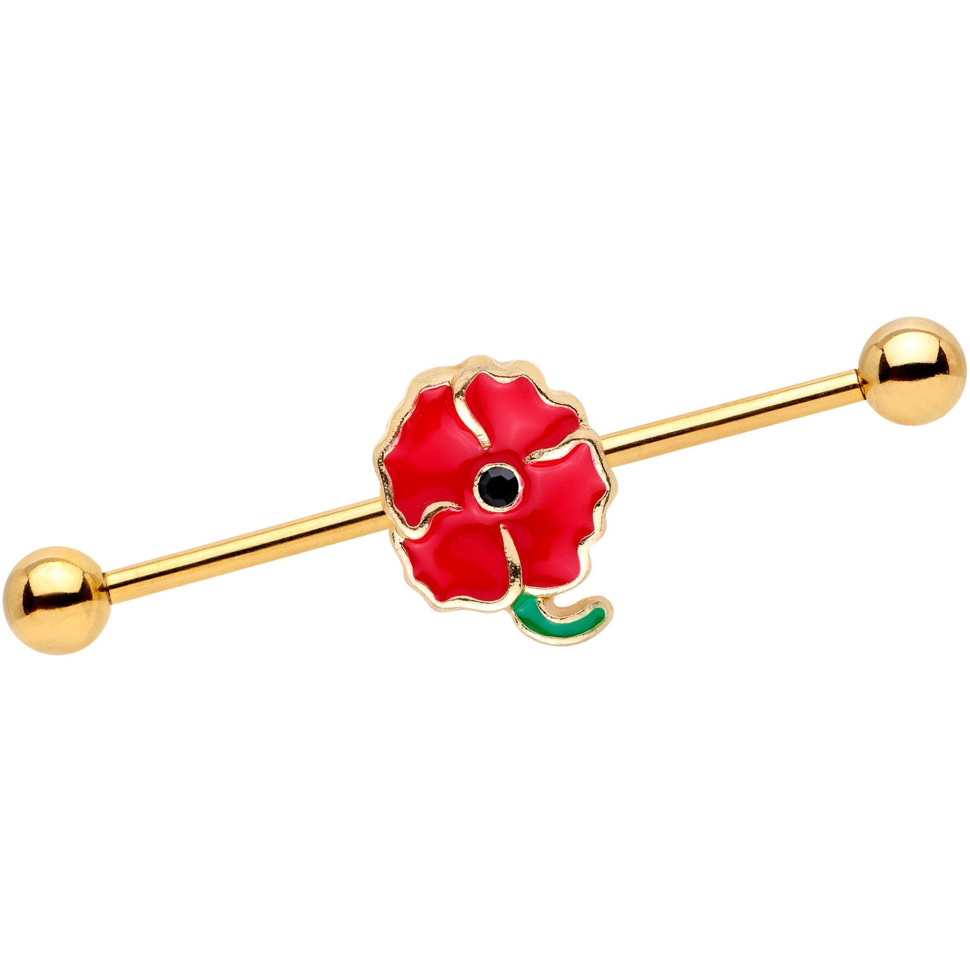 14G Clear Gem Gold PVD Red Flower Industrial Barbell 38mm - BodyCandy - Flyclothing LLC