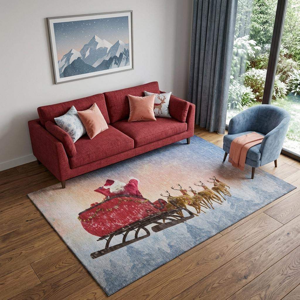 5' X 8' Blue Red And Brown Christmas Santa Claus Washable Area Rug With UV Protection - HomeRoots - Flyclothing LLC