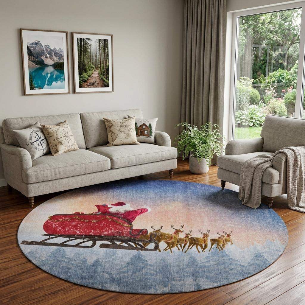 8' Blue Red And Brown Christmas Santa Claus Distressed Washable Round Rug With UV Protection - HomeRoots - Flyclothing LLC
