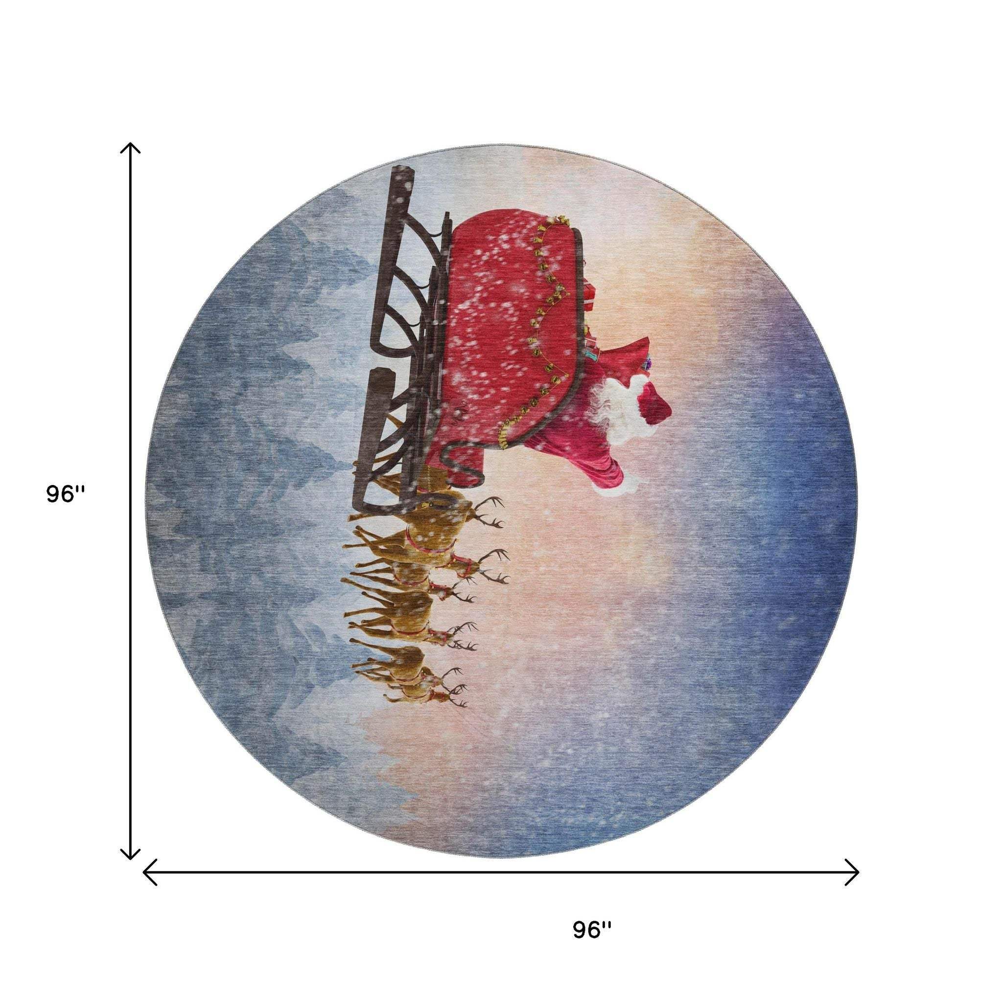 8' Blue Red And Brown Christmas Santa Claus Distressed Washable Round Rug With UV Protection - HomeRoots - Flyclothing LLC