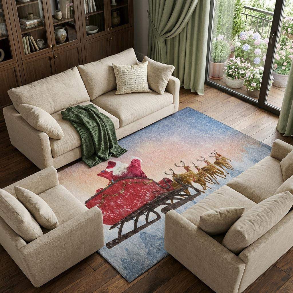 8' X 10' Blue Red And Brown Christmas Santa Claus Washable Area Rug With UV Protection - HomeRoots - Flyclothing LLC