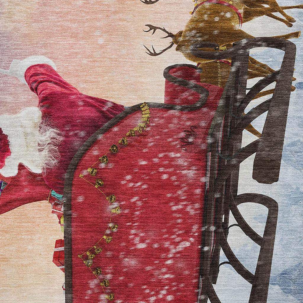 9' X 12' Blue Red And Brown Christmas Santa Claus Distressed Washable Area Rug With UV Protection - HomeRoots - Flyclothing LLC