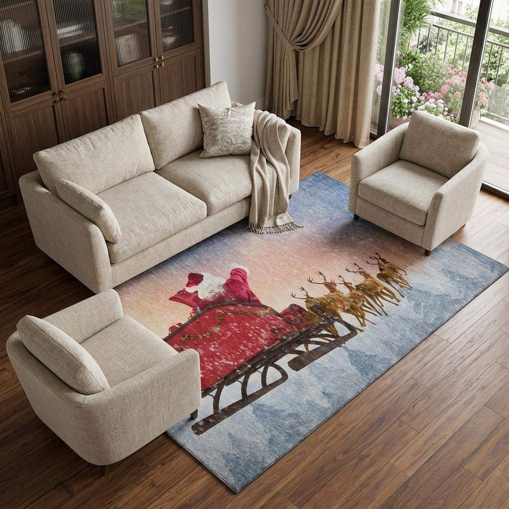 9' X 12' Blue Red And Brown Christmas Santa Claus Distressed Washable Area Rug With UV Protection - HomeRoots - Flyclothing LLC