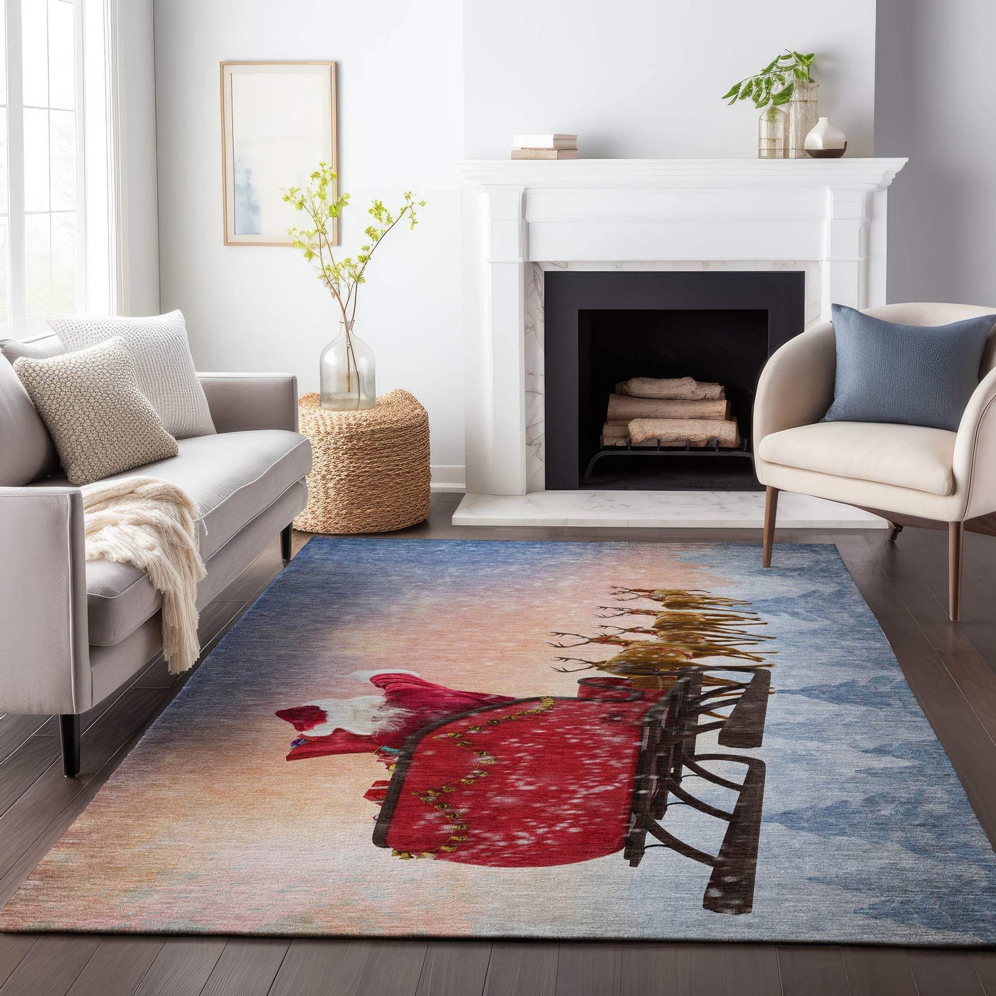 9' X 12' Blue Red And Brown Christmas Santa Claus Distressed Washable Area Rug With UV Protection - HomeRoots - Flyclothing LLC