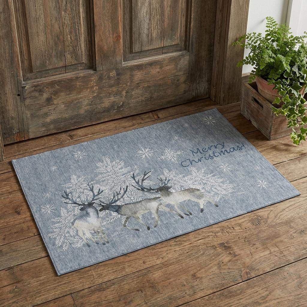 3' X 5' Gray Ivory And Blue Christmas Deer Washable Area Rug With UV Protection - HomeRoots - Flyclothing LLC