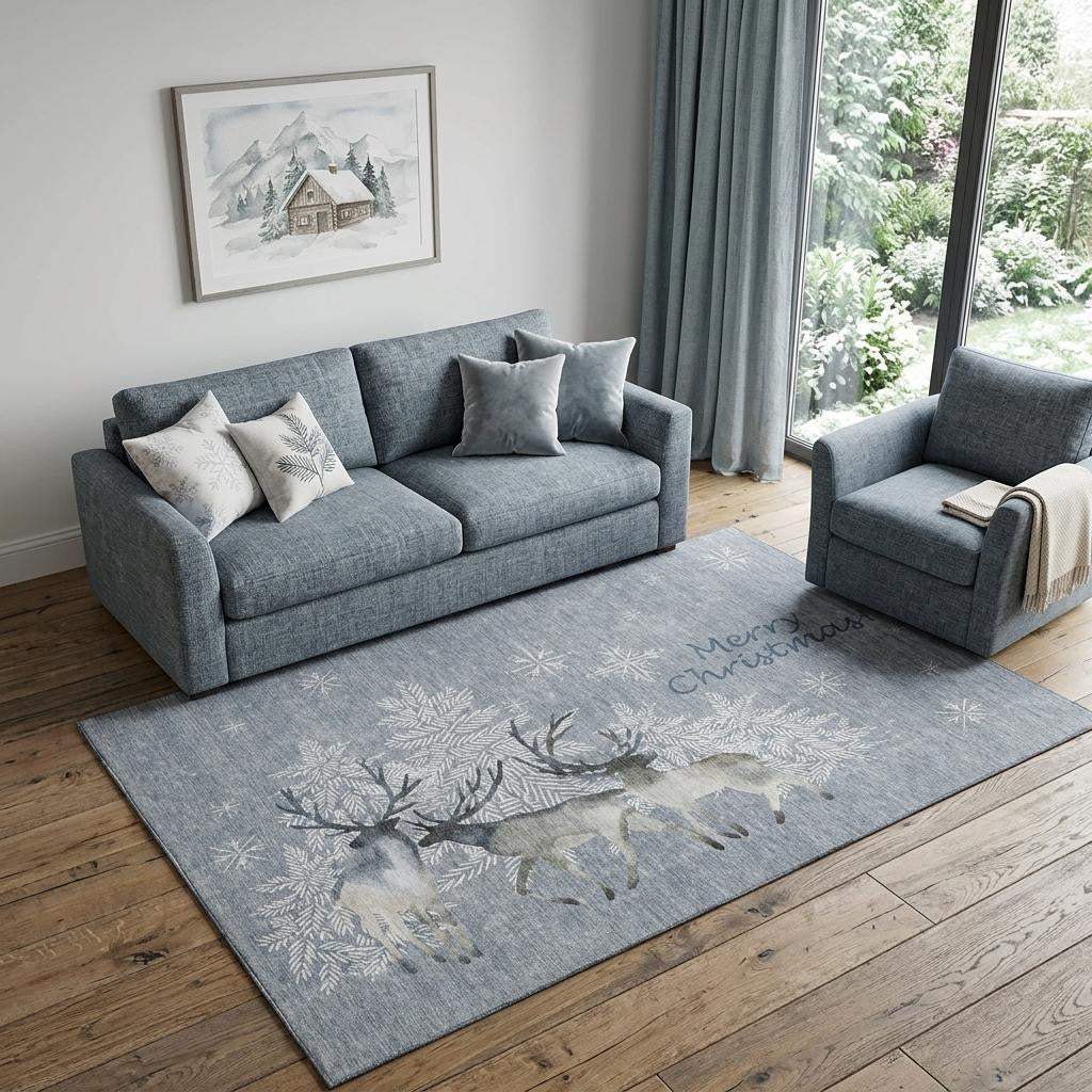 5' X 8' Gray Ivory And Blue Christmas Deer Washable Area Rug With UV Protection - HomeRoots - Flyclothing LLC