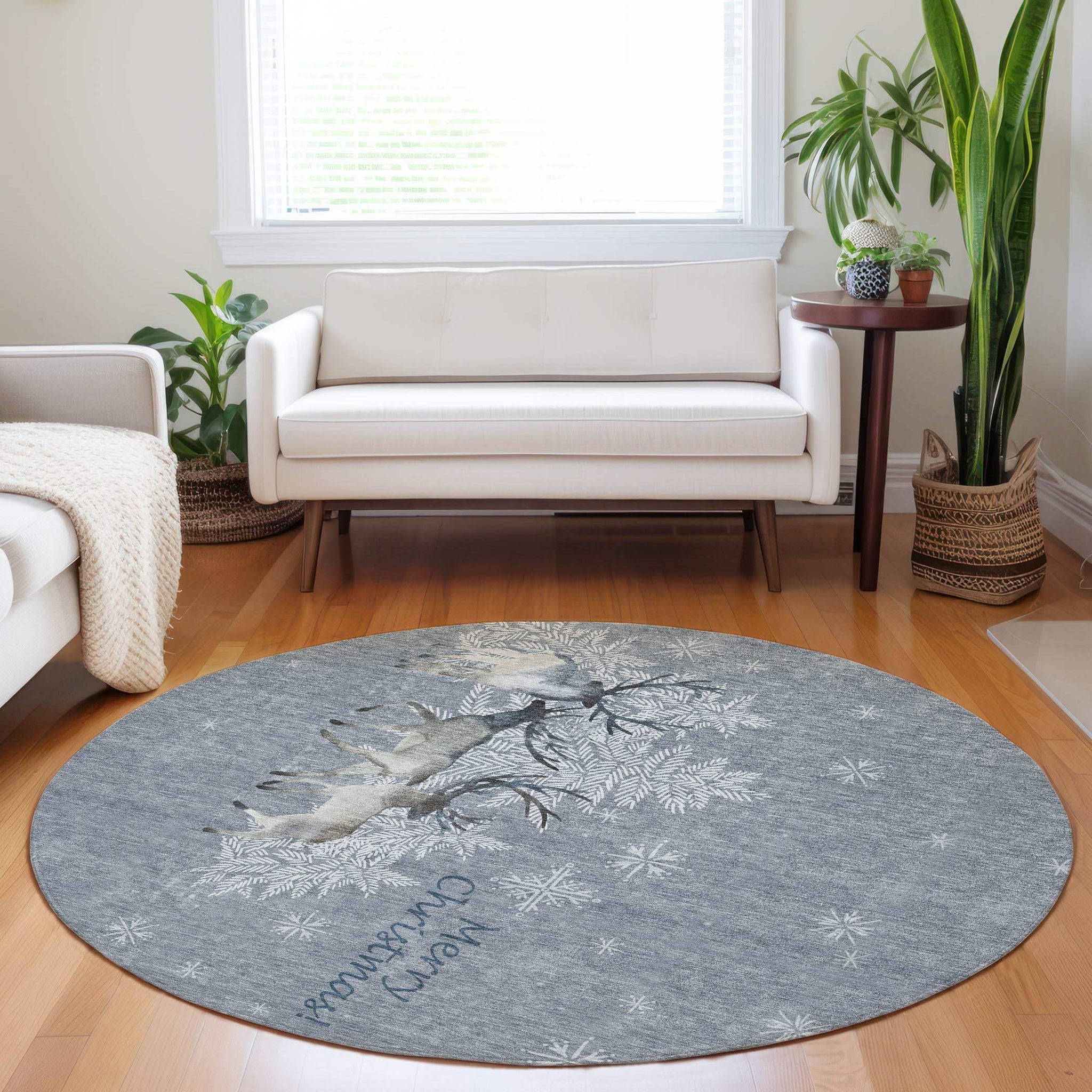 8' Gray Ivory And Blue Christmas Deer Washable Round Area Rug With UV Protection - HomeRoots - Flyclothing LLC