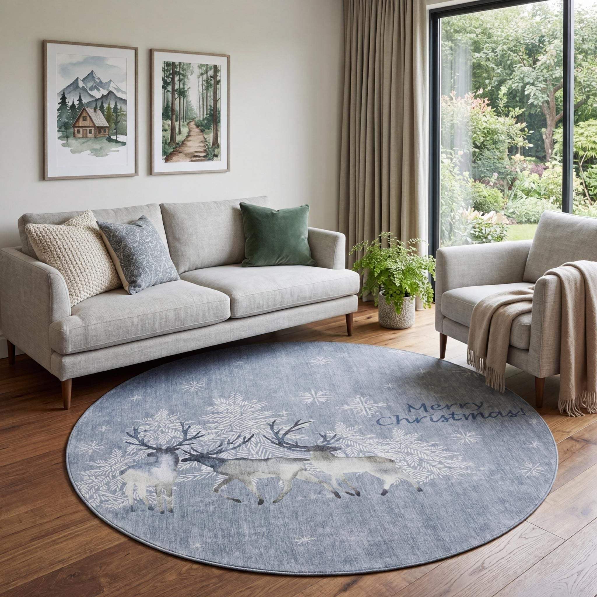 8' Gray Ivory And Blue Christmas Deer Washable Round Area Rug With UV Protection - HomeRoots - Flyclothing LLC