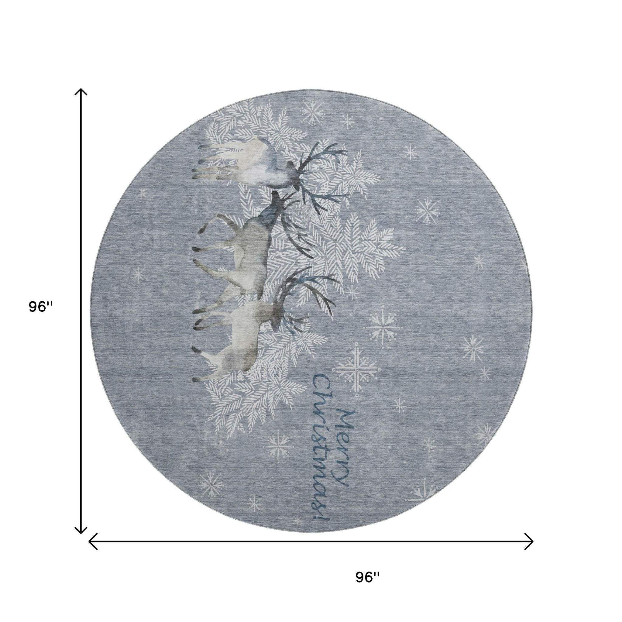 8' Gray Ivory And Blue Christmas Deer Washable Round Area Rug With UV Protection - HomeRoots - Flyclothing LLC