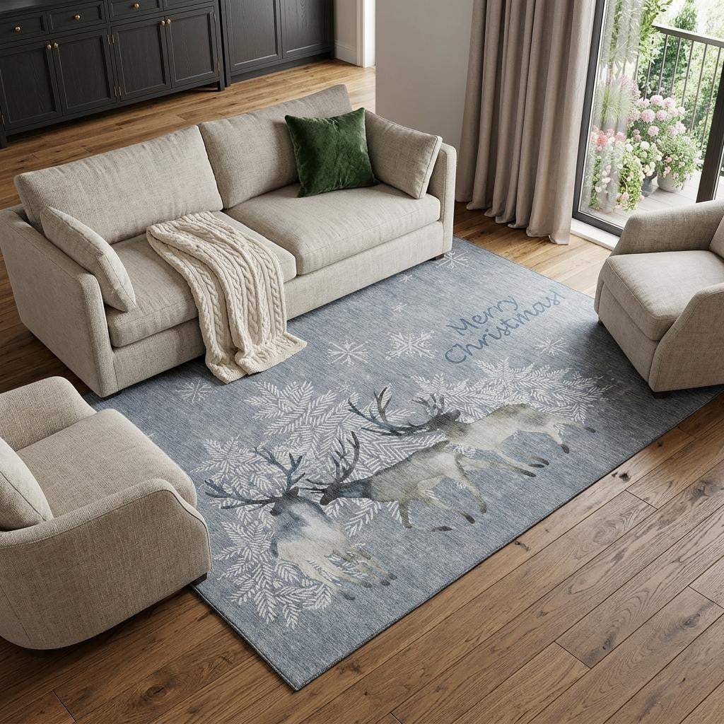 8' X 10' Gray Ivory And Blue Christmas Deer Washable Area Rug With UV Protection - HomeRoots - Flyclothing LLC