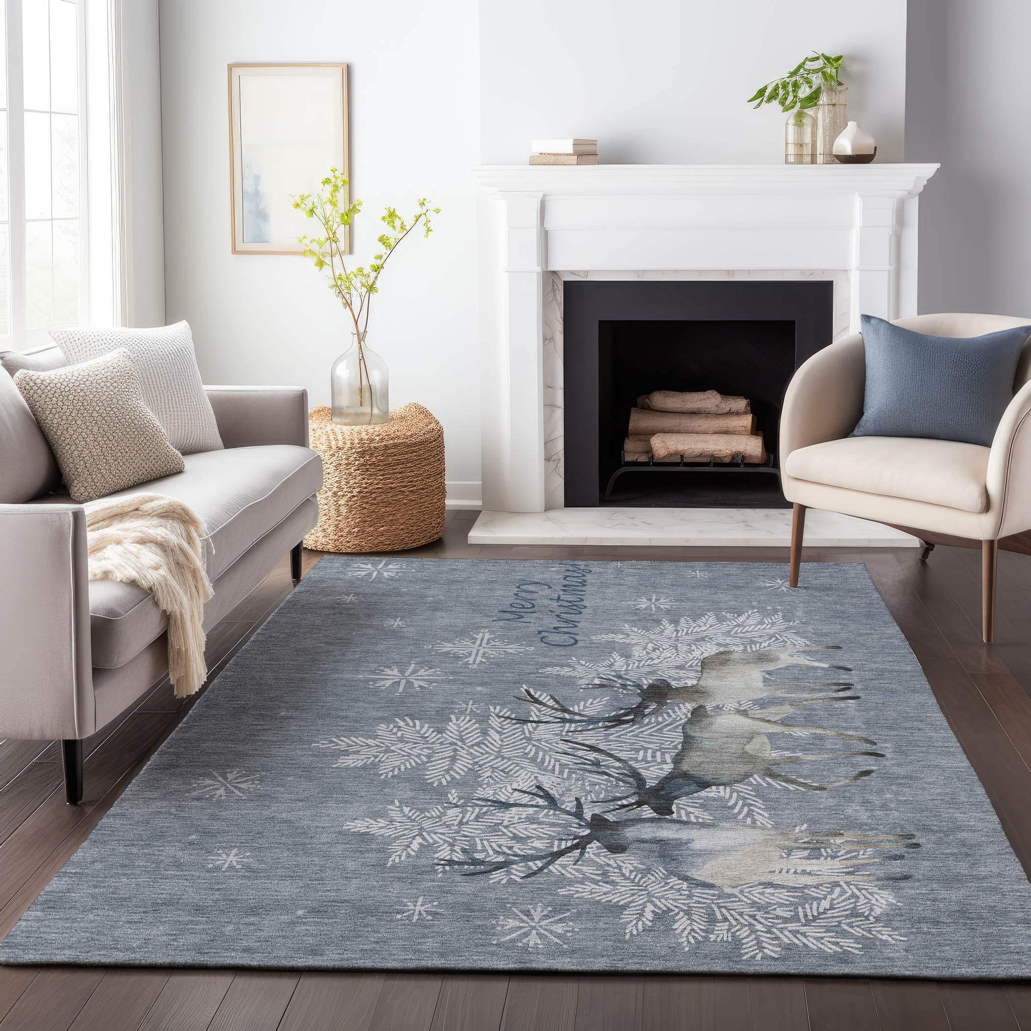 8' X 10' Gray Ivory And Blue Christmas Deer Washable Area Rug With UV Protection - HomeRoots - Flyclothing LLC