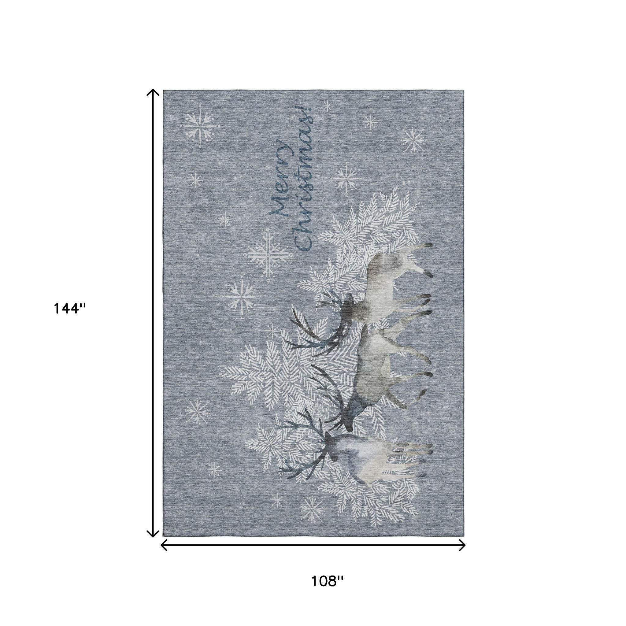 9' X 12' Gray Ivory And Blue Christmas Deer Washable Area Rug With UV Protection - HomeRoots - Flyclothing LLC