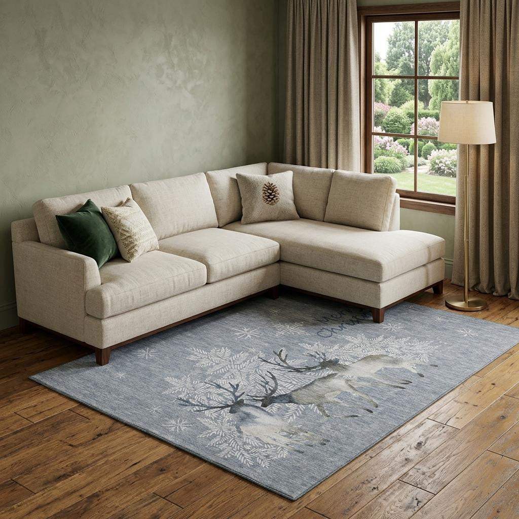 9' X 12' Gray Ivory And Blue Christmas Deer Washable Area Rug With UV Protection - HomeRoots - Flyclothing LLC
