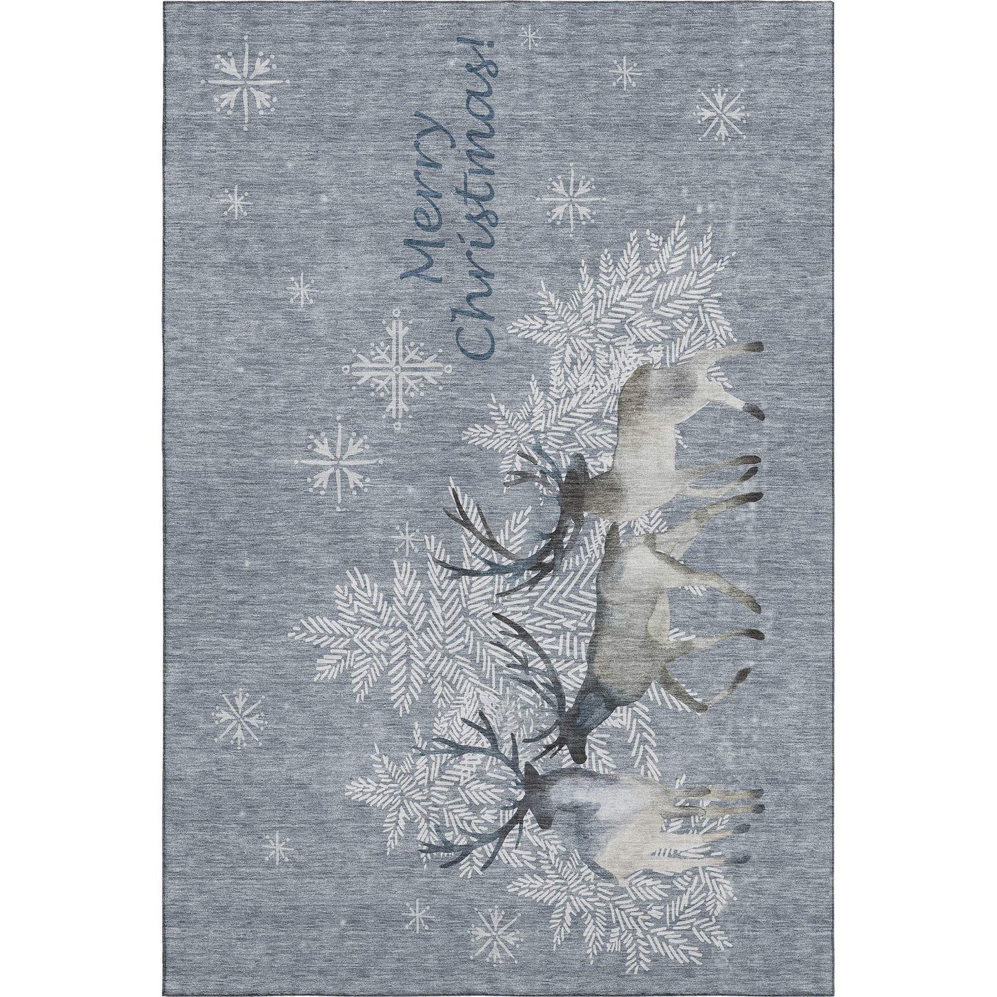 9' X 12' Gray Ivory And Blue Christmas Deer Washable Area Rug With UV Protection - HomeRoots - Flyclothing LLC