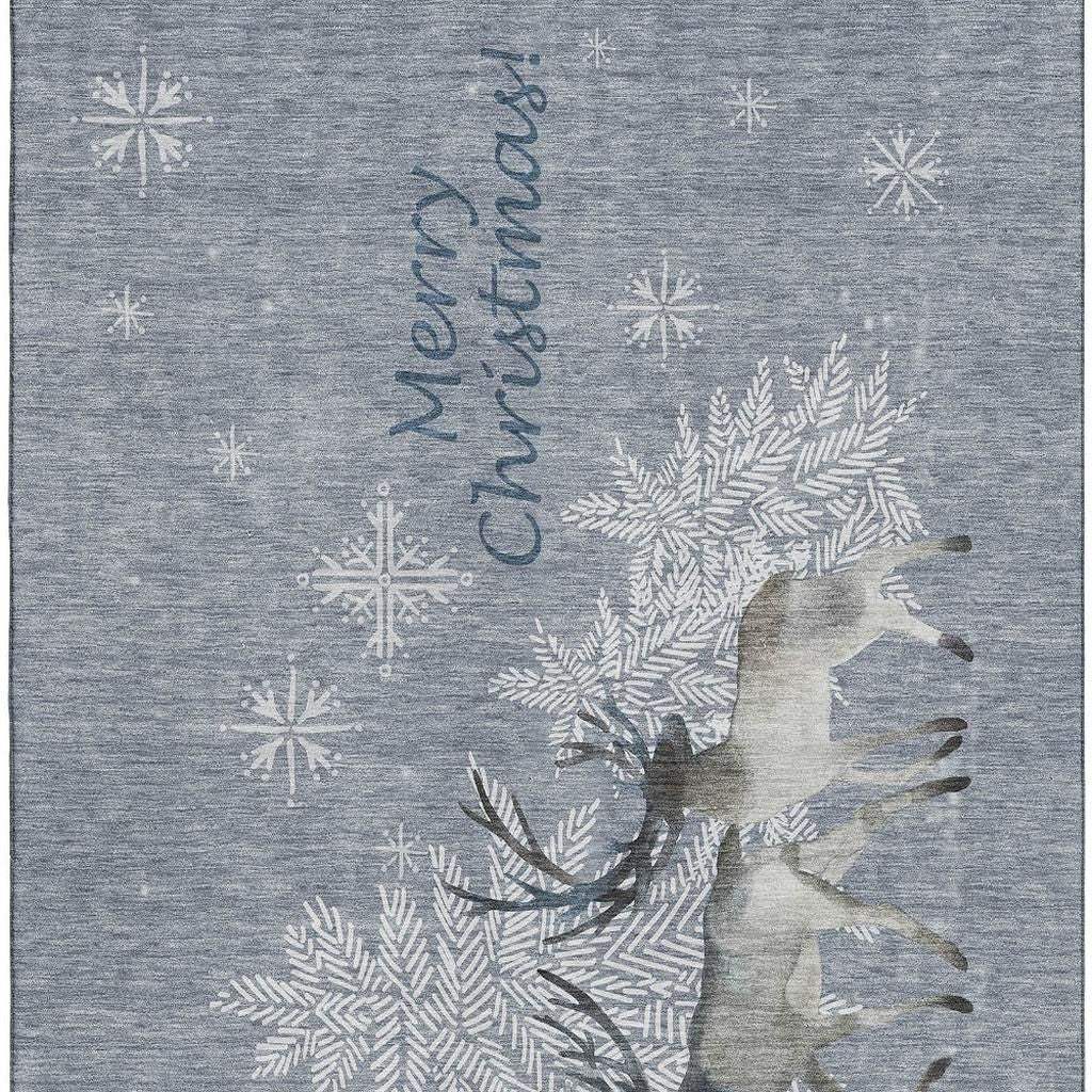 9' X 12' Gray Ivory And Blue Christmas Deer Washable Area Rug With UV Protection - HomeRoots - Flyclothing LLC