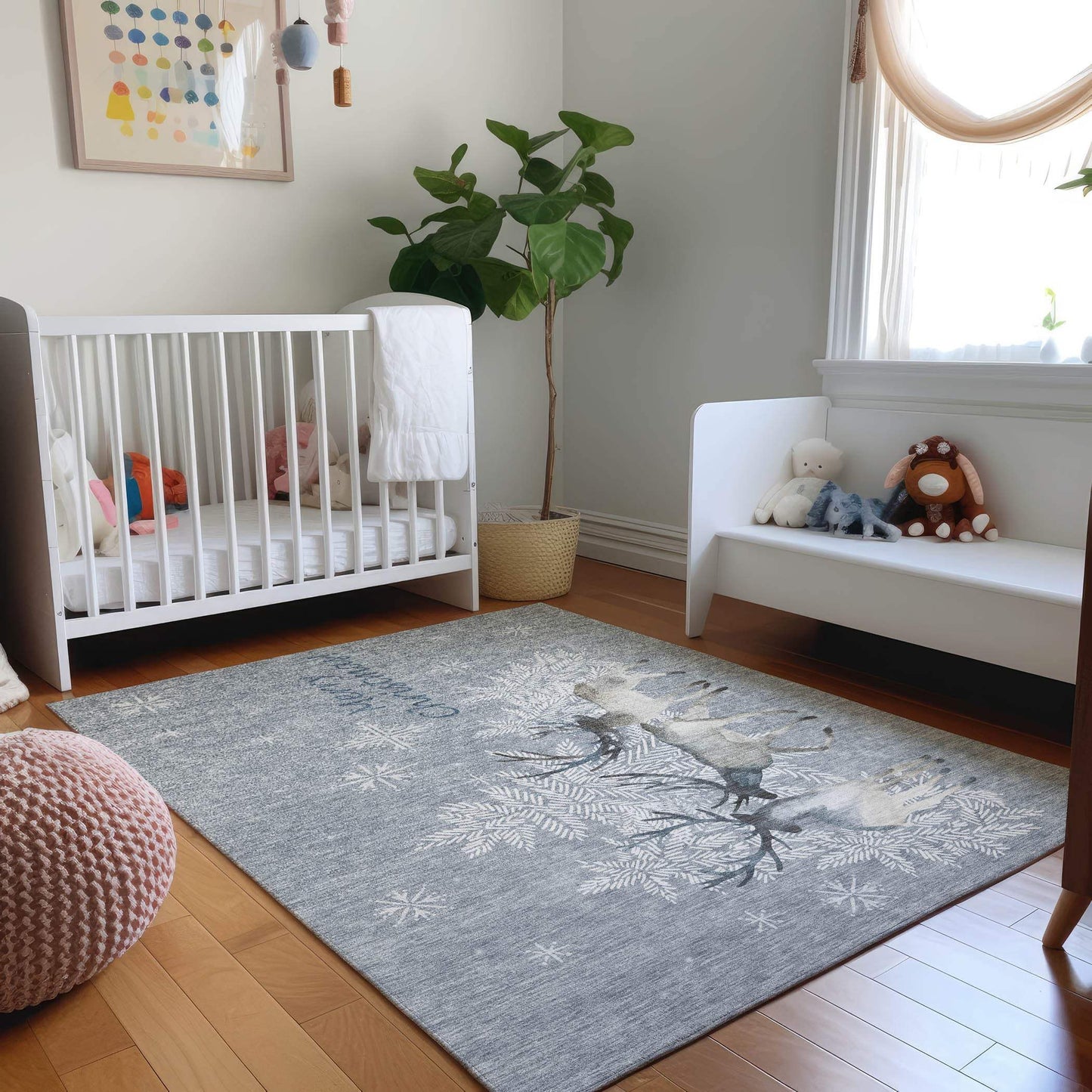10' X 14' Gray Ivory And Blue Christmas Deer Washable Area Rug With UV Protection - HomeRoots - Flyclothing LLC