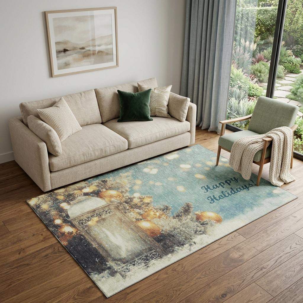5' X 8' Blue Gold And Ivory Christmas Distressed Washable Area Rug With UV Protection - HomeRoots - Flyclothing LLC
