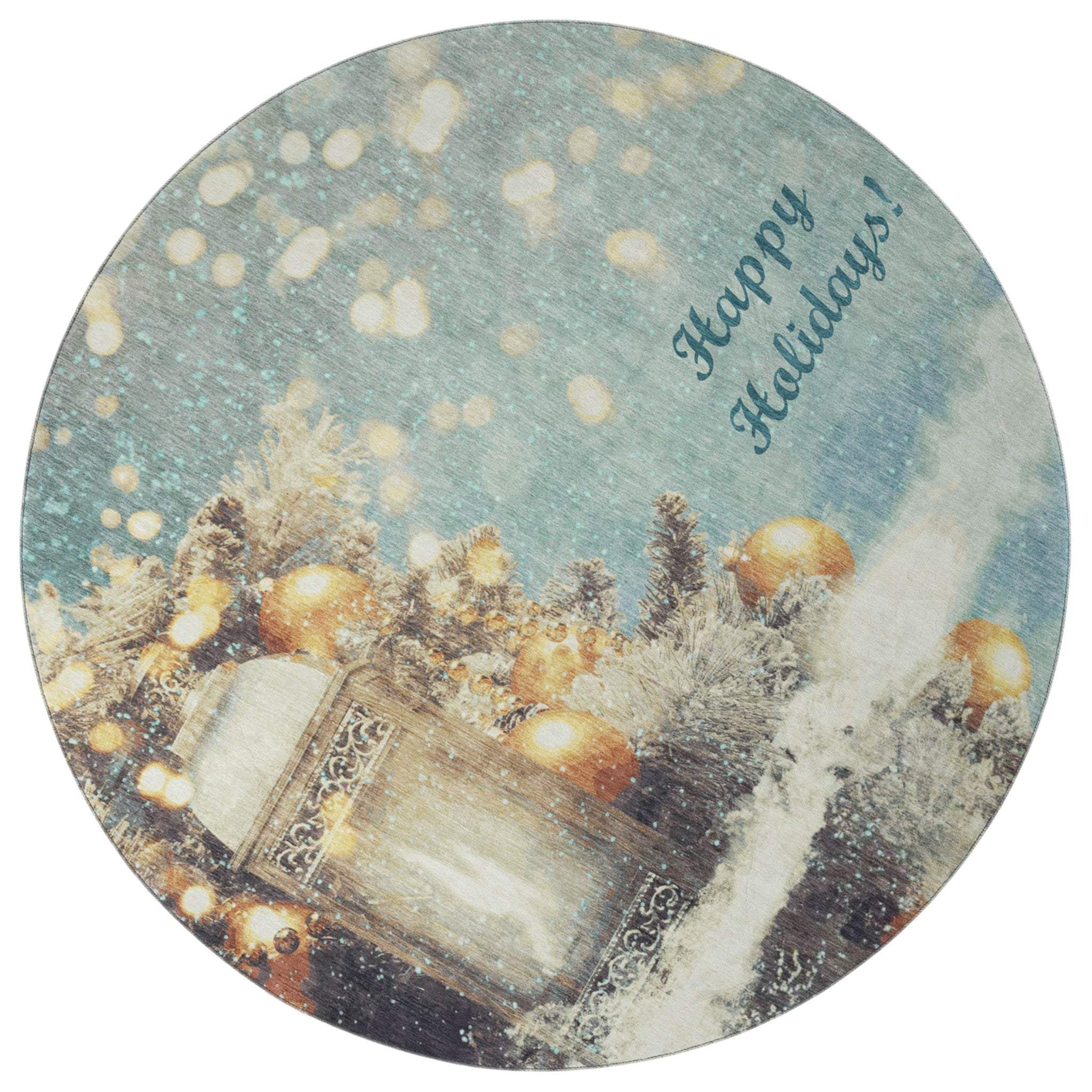 8' Blue Gold And Ivory Christmas Distressed Washable Round Rug With UV Protection - HomeRoots - Flyclothing LLC