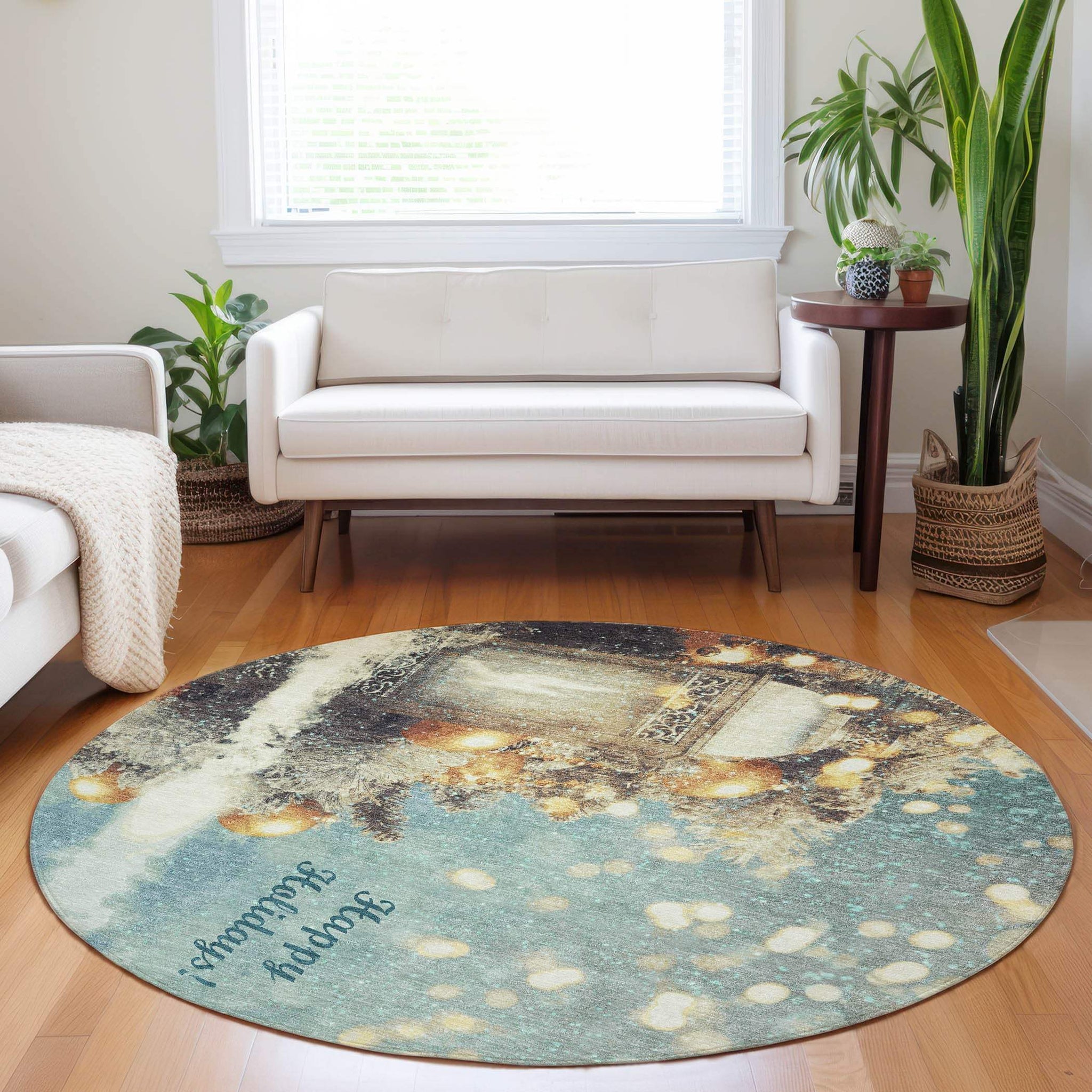 8' Blue Gold And Ivory Christmas Distressed Washable Round Rug With UV Protection - HomeRoots - Flyclothing LLC