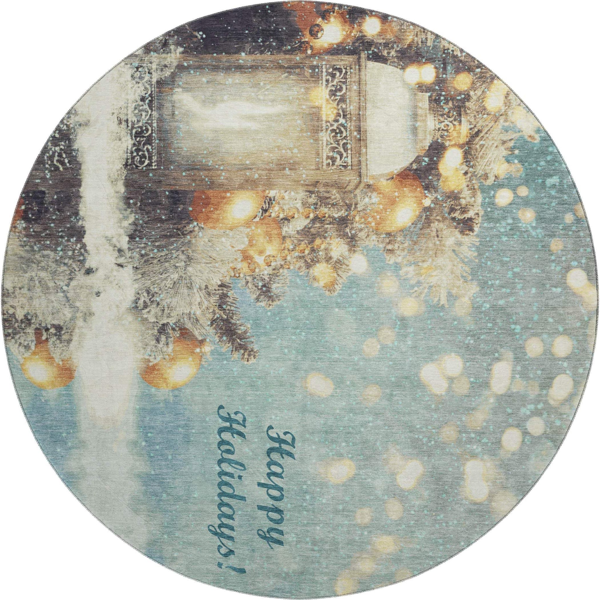 8' Blue Gold And Ivory Christmas Distressed Washable Round Rug With UV Protection - HomeRoots - Flyclothing LLC