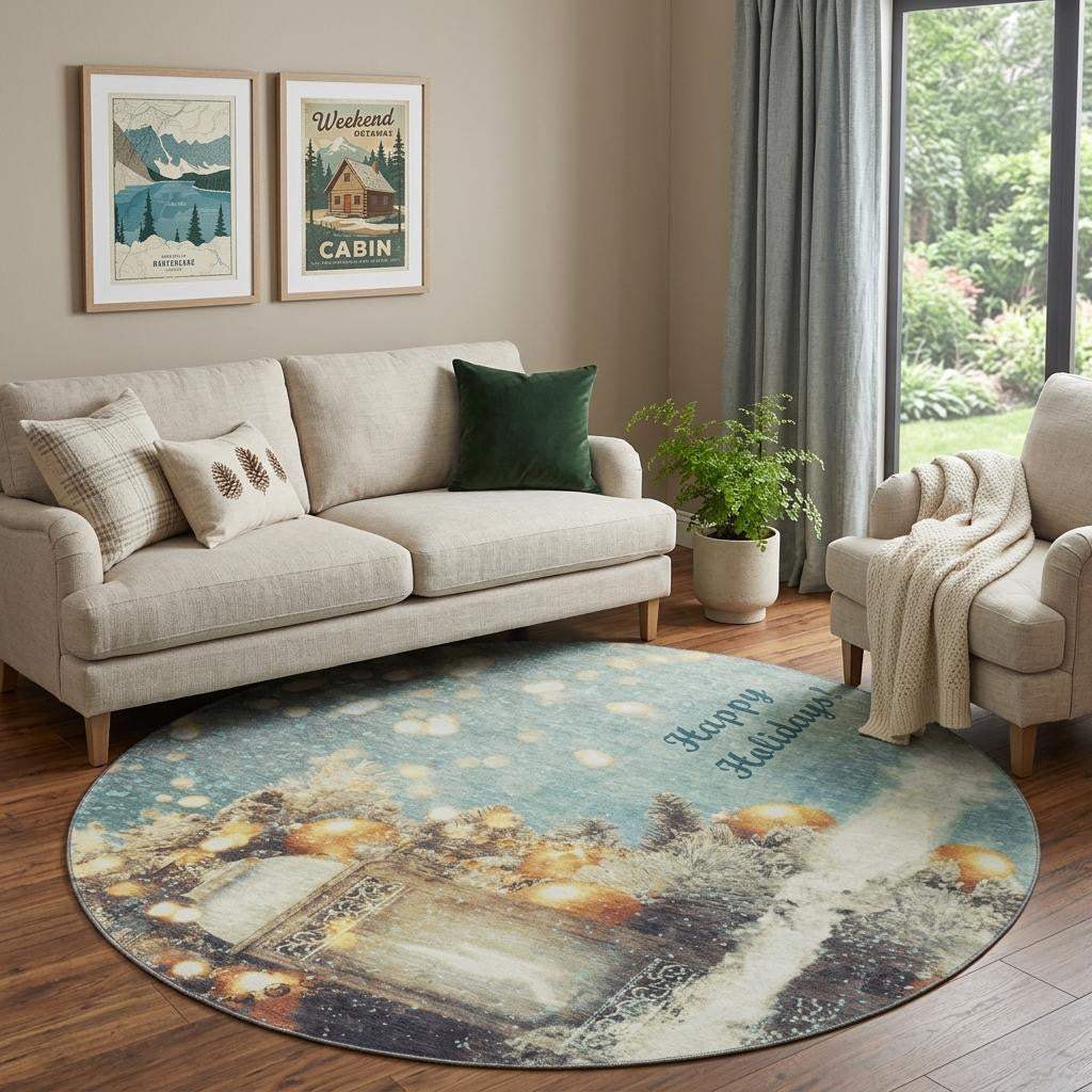 8' Blue Gold And Ivory Christmas Distressed Washable Round Rug With UV Protection - HomeRoots - Flyclothing LLC