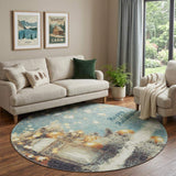 8' Blue Gold And Ivory Christmas Distressed Washable Round Rug With UV Protection - HomeRoots - Flyclothing LLC