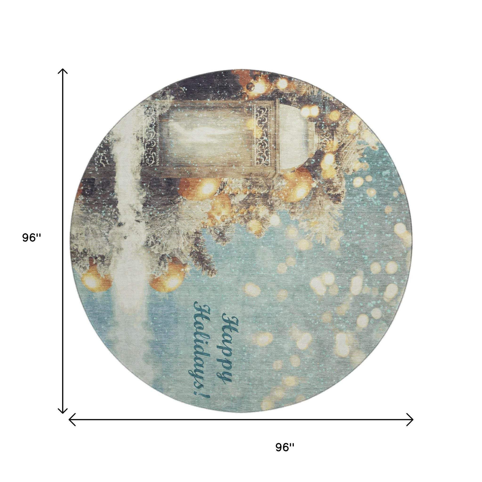 8' Blue Gold And Ivory Christmas Distressed Washable Round Rug With UV Protection - HomeRoots - Flyclothing LLC