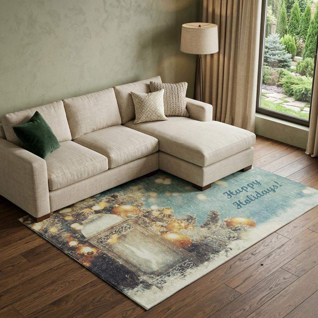 8' X 10' Blue Gold And Ivory Christmas Distressed Washable Area Rug With UV Protection - HomeRoots - Flyclothing LLC