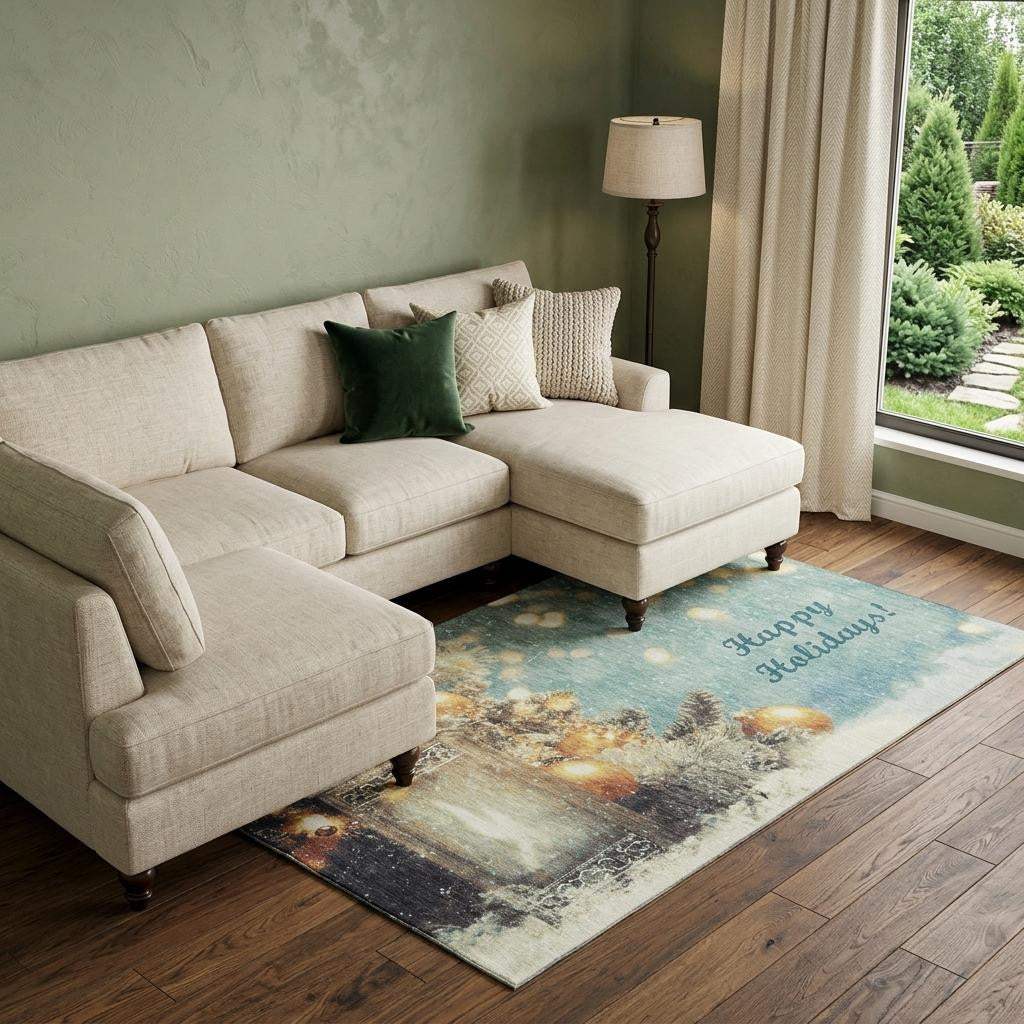 9' X 12' Blue Gold And Ivory Christmas Distressed Washable Area Rug With UV Protection - HomeRoots - Flyclothing LLC