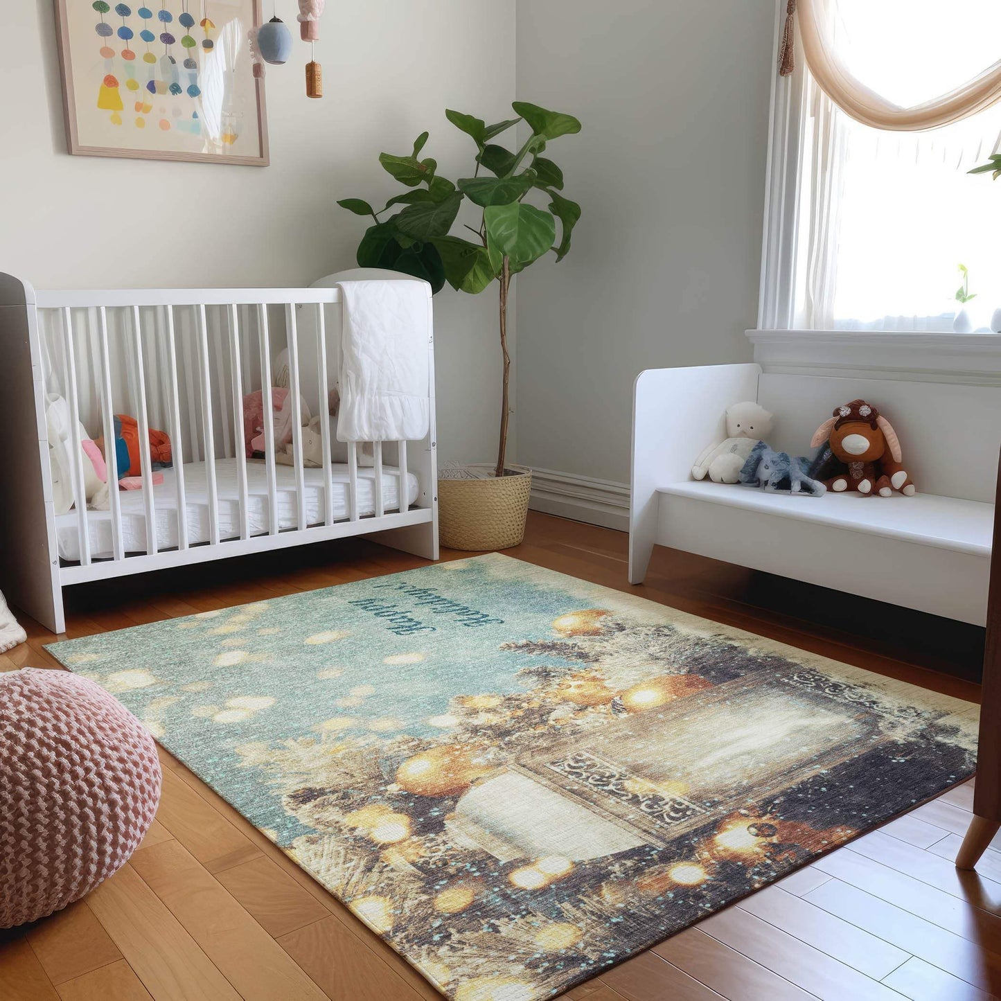 9' X 12' Blue Gold And Ivory Christmas Distressed Washable Area Rug With UV Protection - HomeRoots - Flyclothing LLC