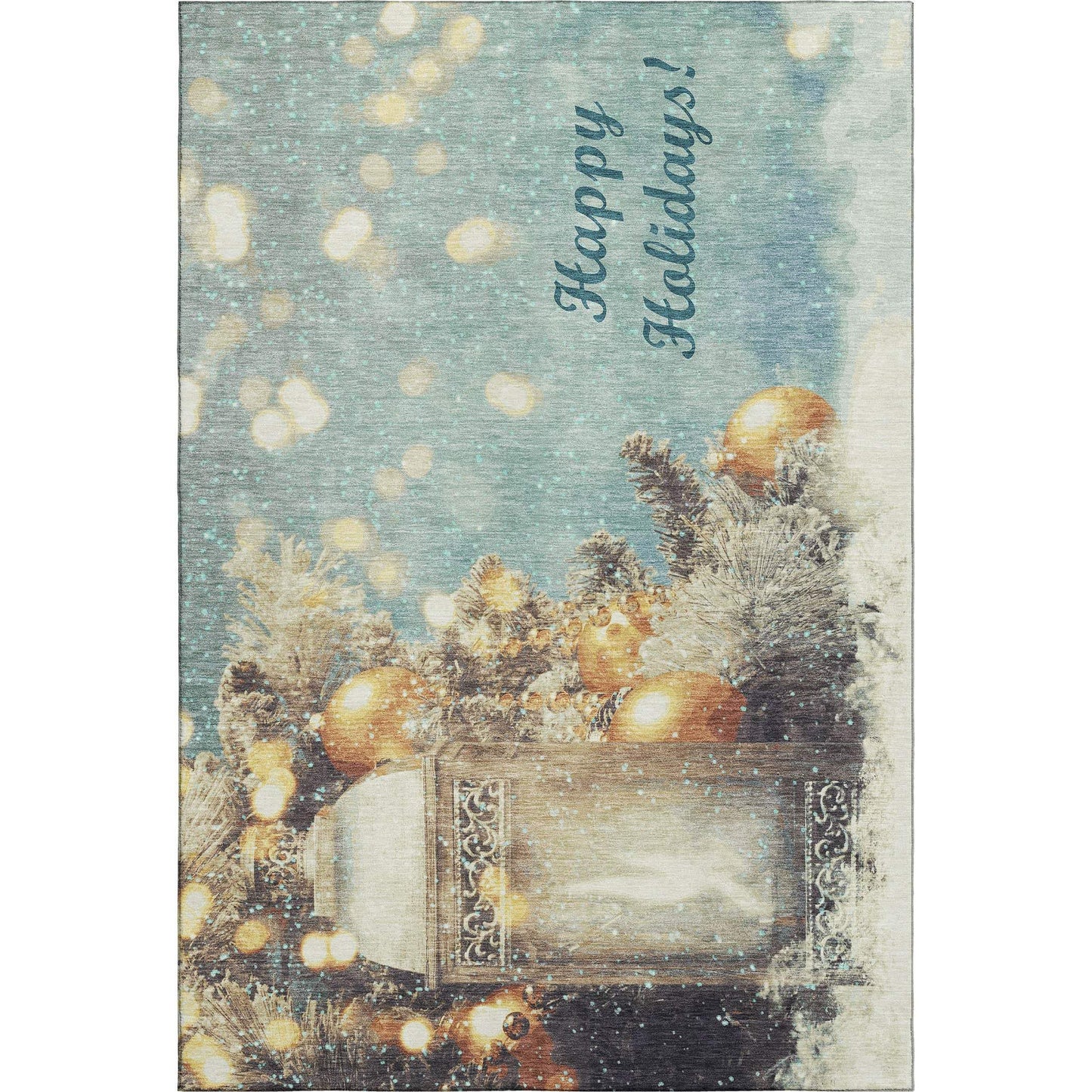 10' X 14' Blue Gold And Ivory Christmas Distressed Washable Area Rug With UV Protection - HomeRoots - Flyclothing LLC