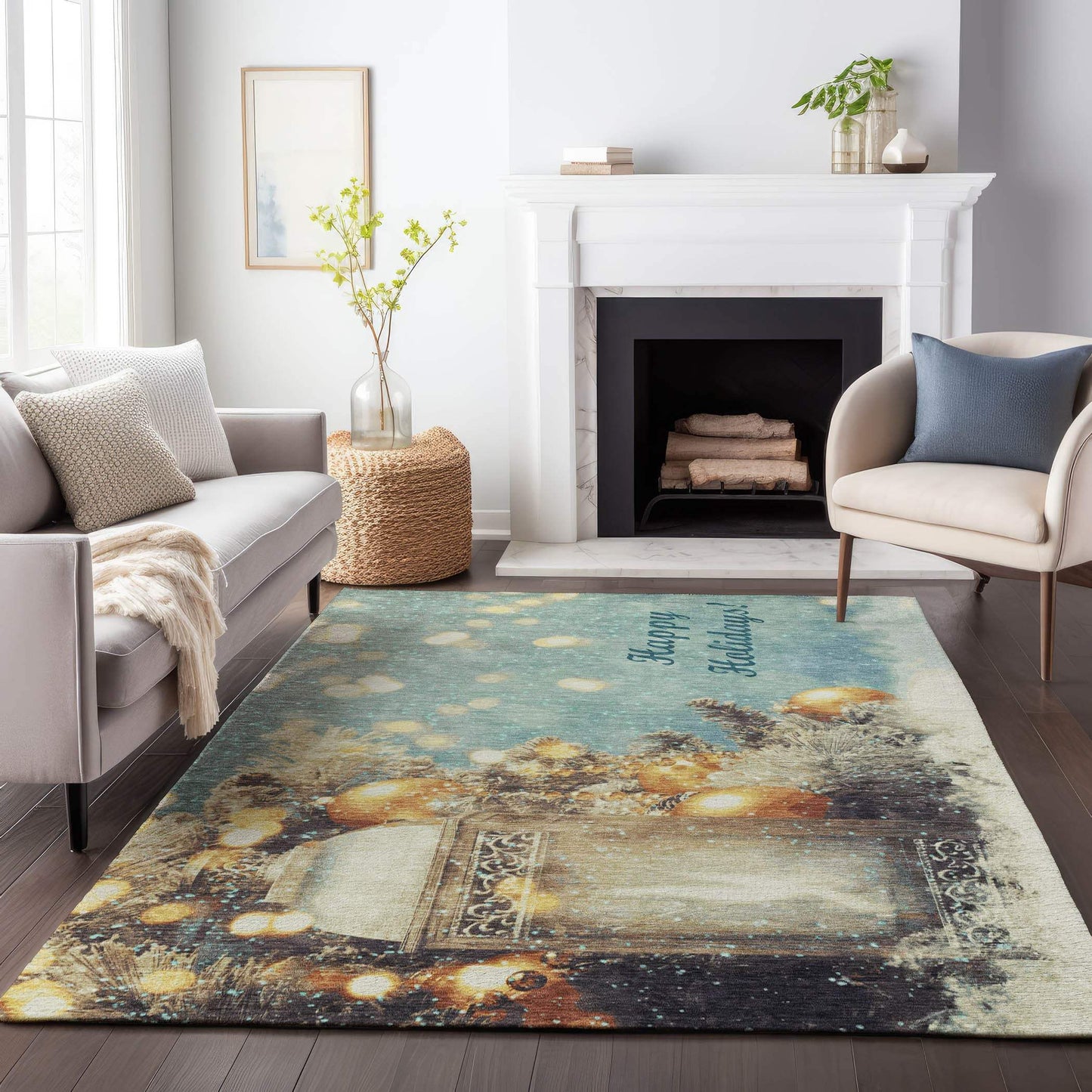 10' X 14' Blue Gold And Ivory Christmas Distressed Washable Area Rug With UV Protection - HomeRoots - Flyclothing LLC