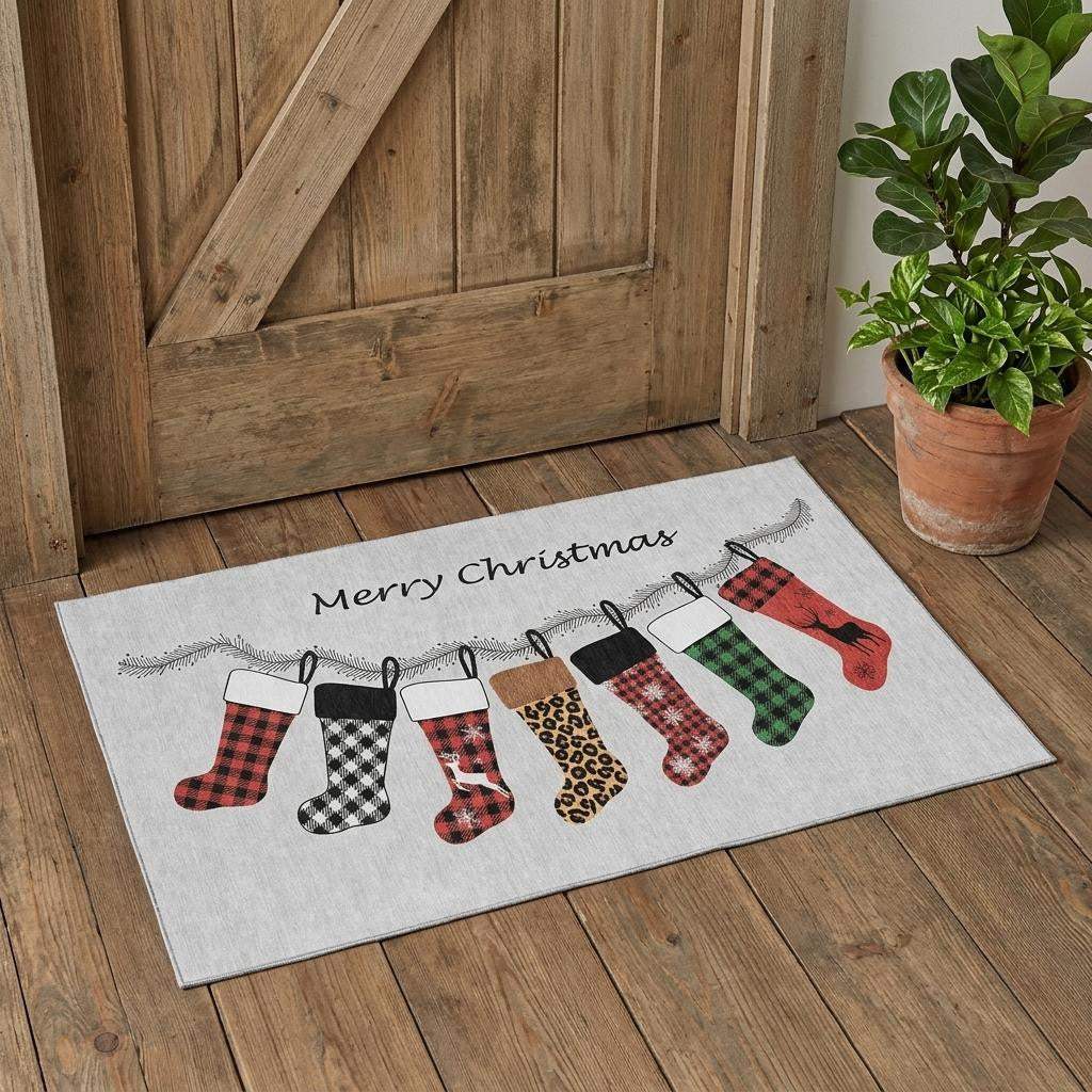 3' X 5' Gray Red And Green Christmas Stockings Washable Area Rug With UV Protection - HomeRoots - Flyclothing LLC