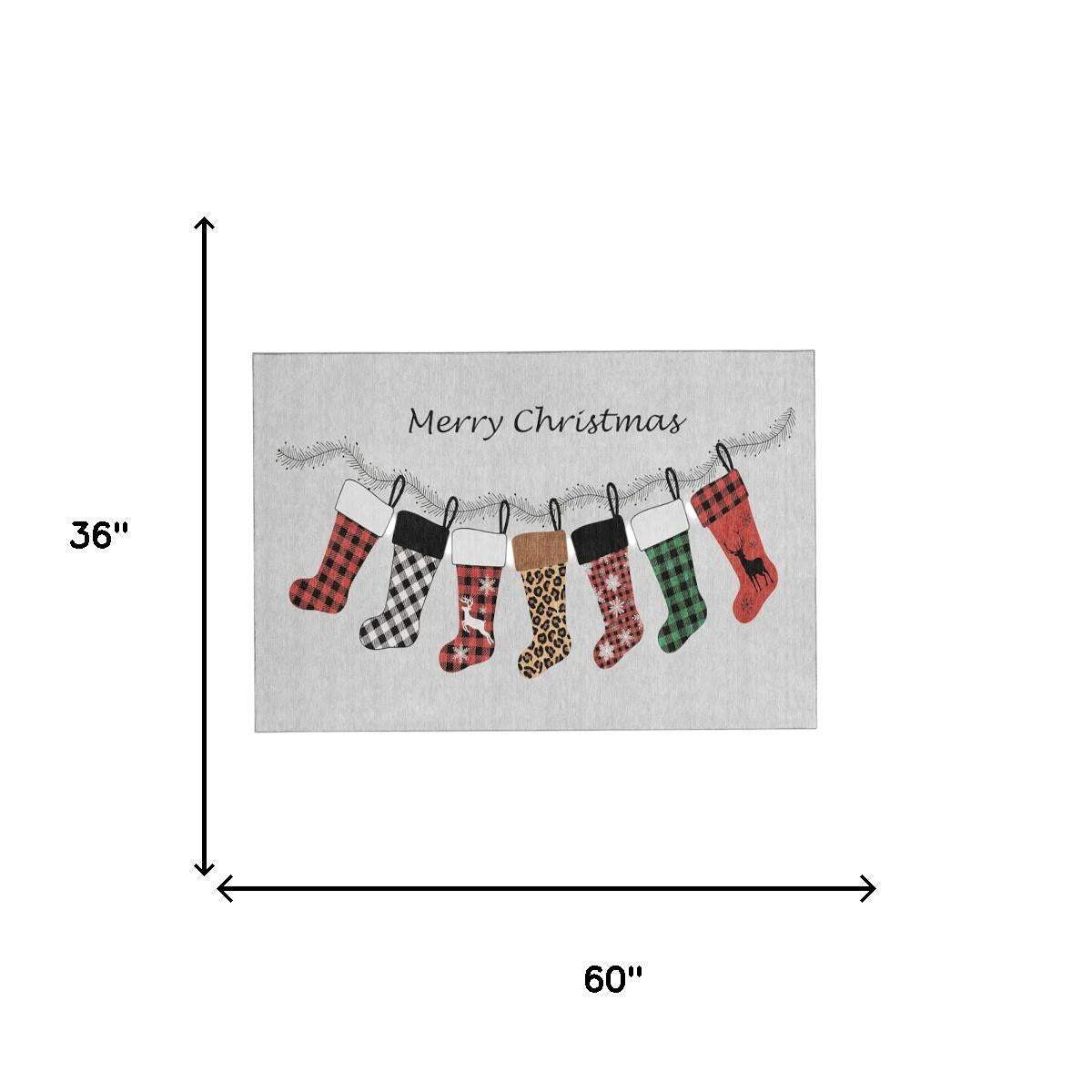 3' X 5' Gray Red And Green Christmas Stockings Washable Area Rug With UV Protection - HomeRoots - Flyclothing LLC