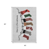 5' X 8' Gray Red And Green Christmas Stockings Washable Area Rug With UV Protection - HomeRoots - Flyclothing LLC
