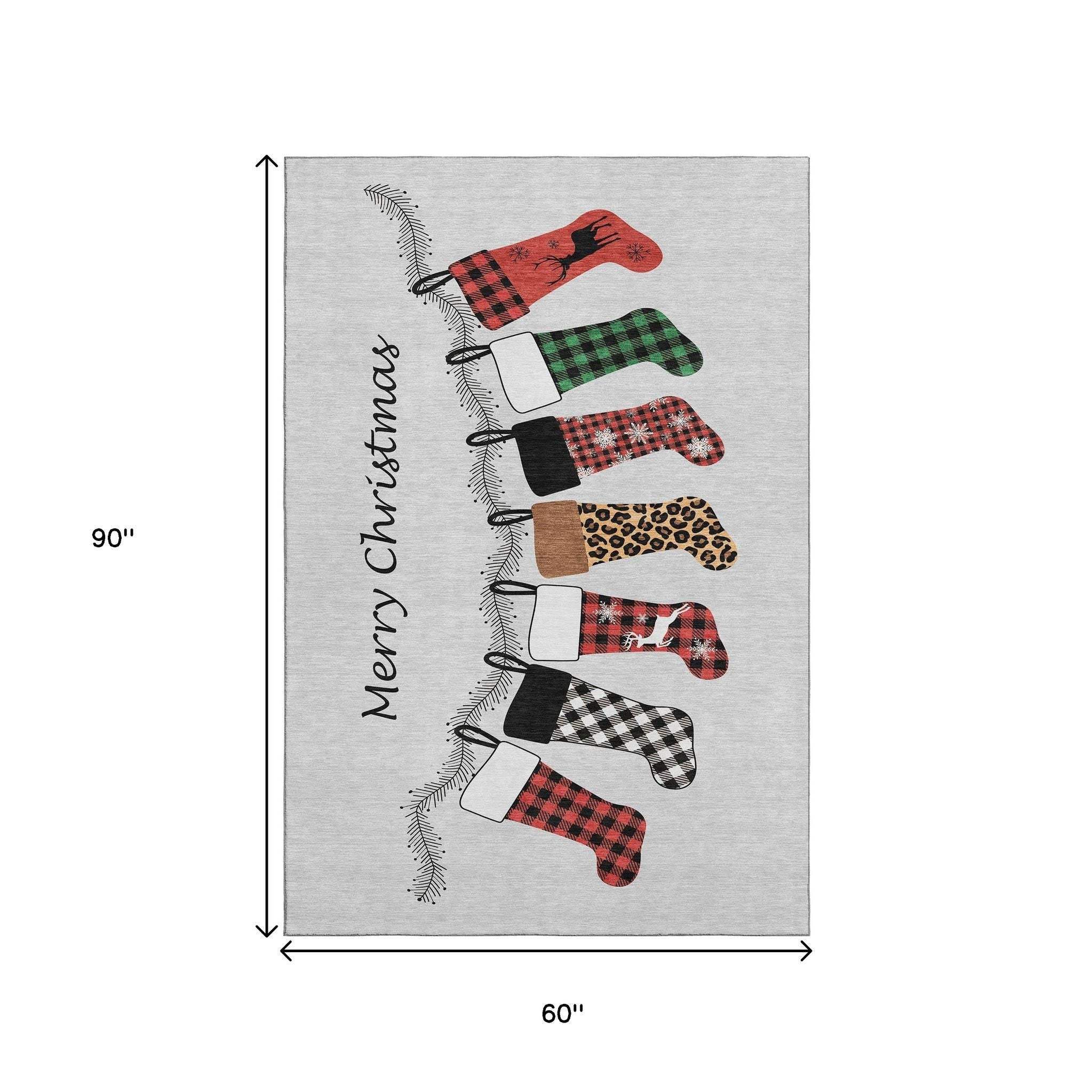 5' X 8' Gray Red And Green Christmas Stockings Washable Area Rug With UV Protection - HomeRoots - Flyclothing LLC