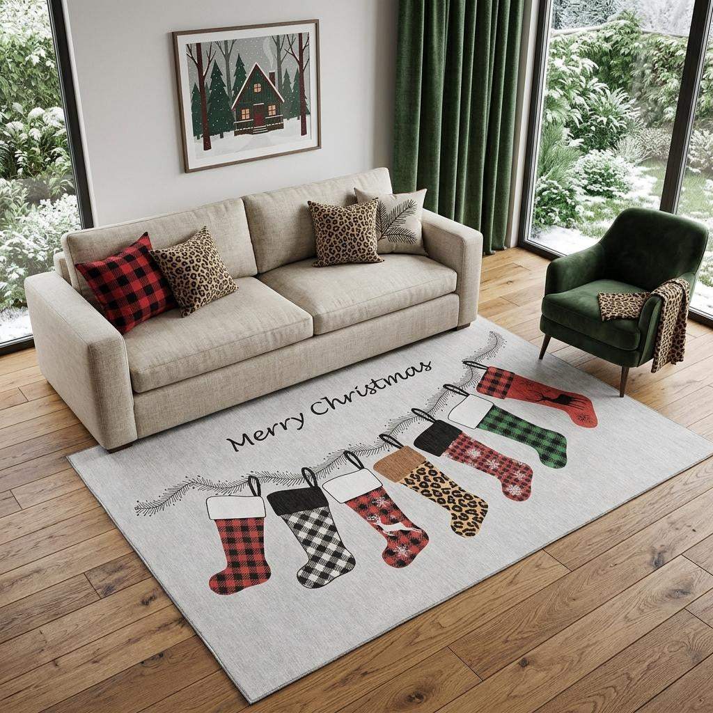 5' X 8' Gray Red And Green Christmas Stockings Washable Area Rug With UV Protection - HomeRoots - Flyclothing LLC