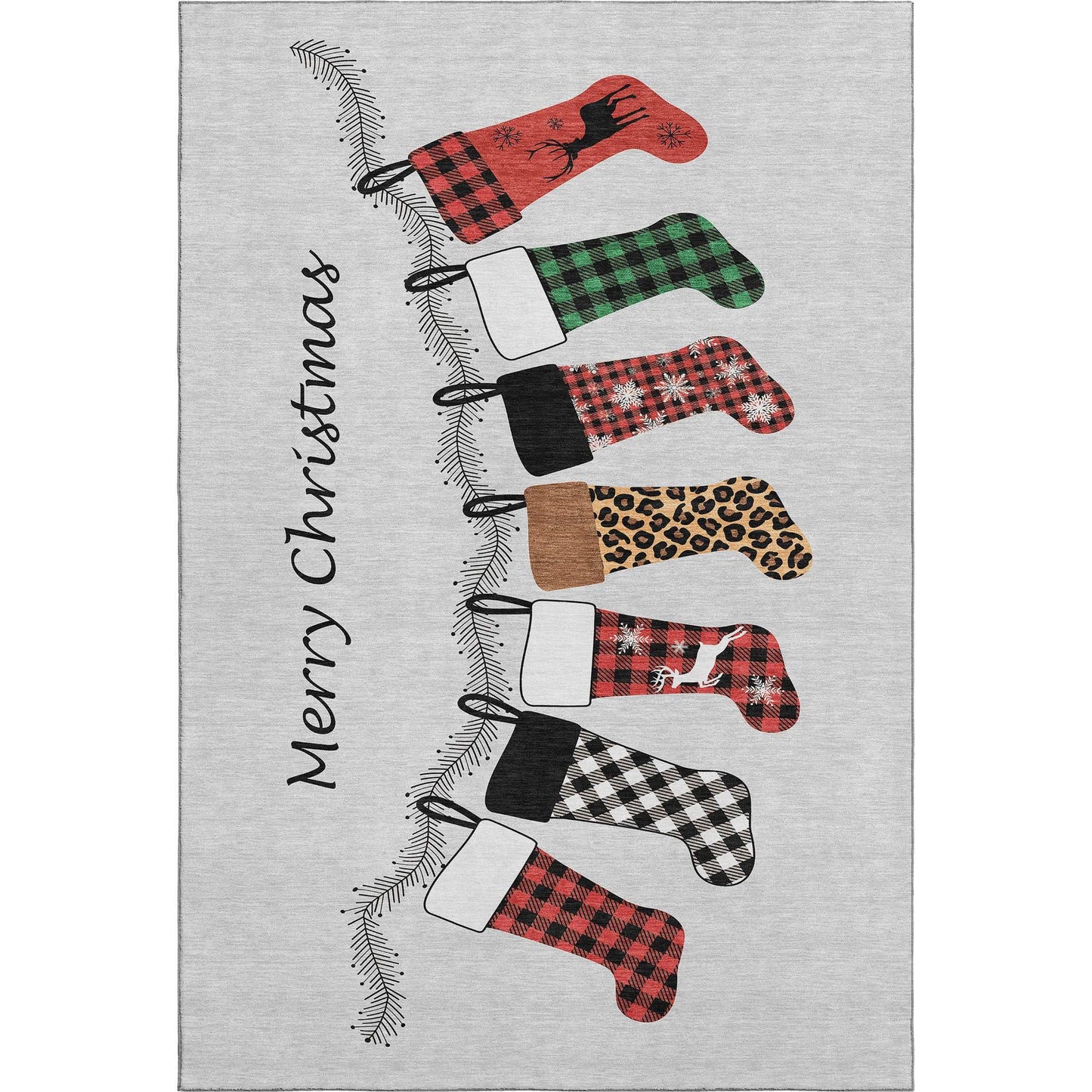 5' X 8' Gray Red And Green Christmas Stockings Washable Area Rug With UV Protection - HomeRoots - Flyclothing LLC