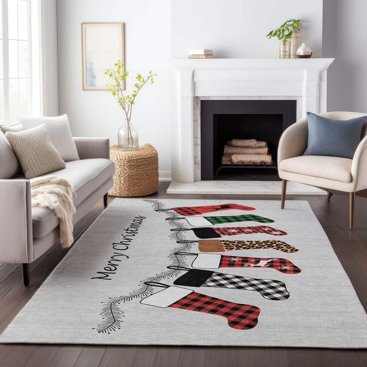 5' X 8' Gray Red And Green Christmas Stockings Washable Area Rug With UV Protection - HomeRoots - Flyclothing LLC