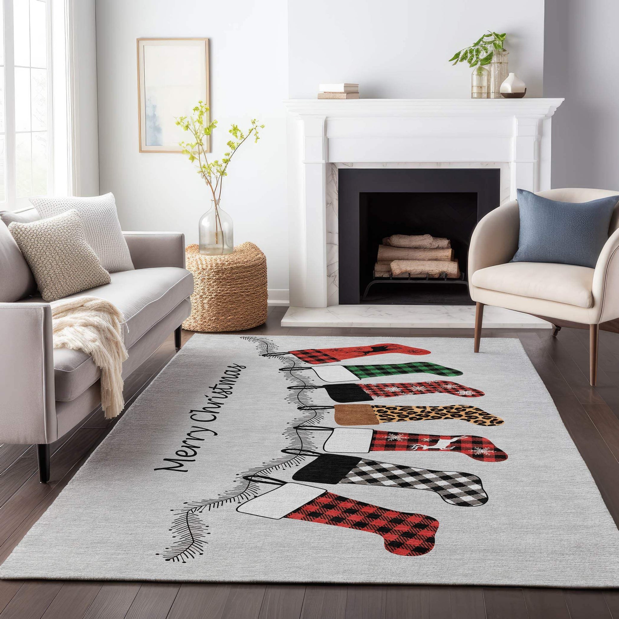 5' X 8' Gray Red And Green Christmas Stockings Washable Area Rug With UV Protection - HomeRoots - Flyclothing LLC
