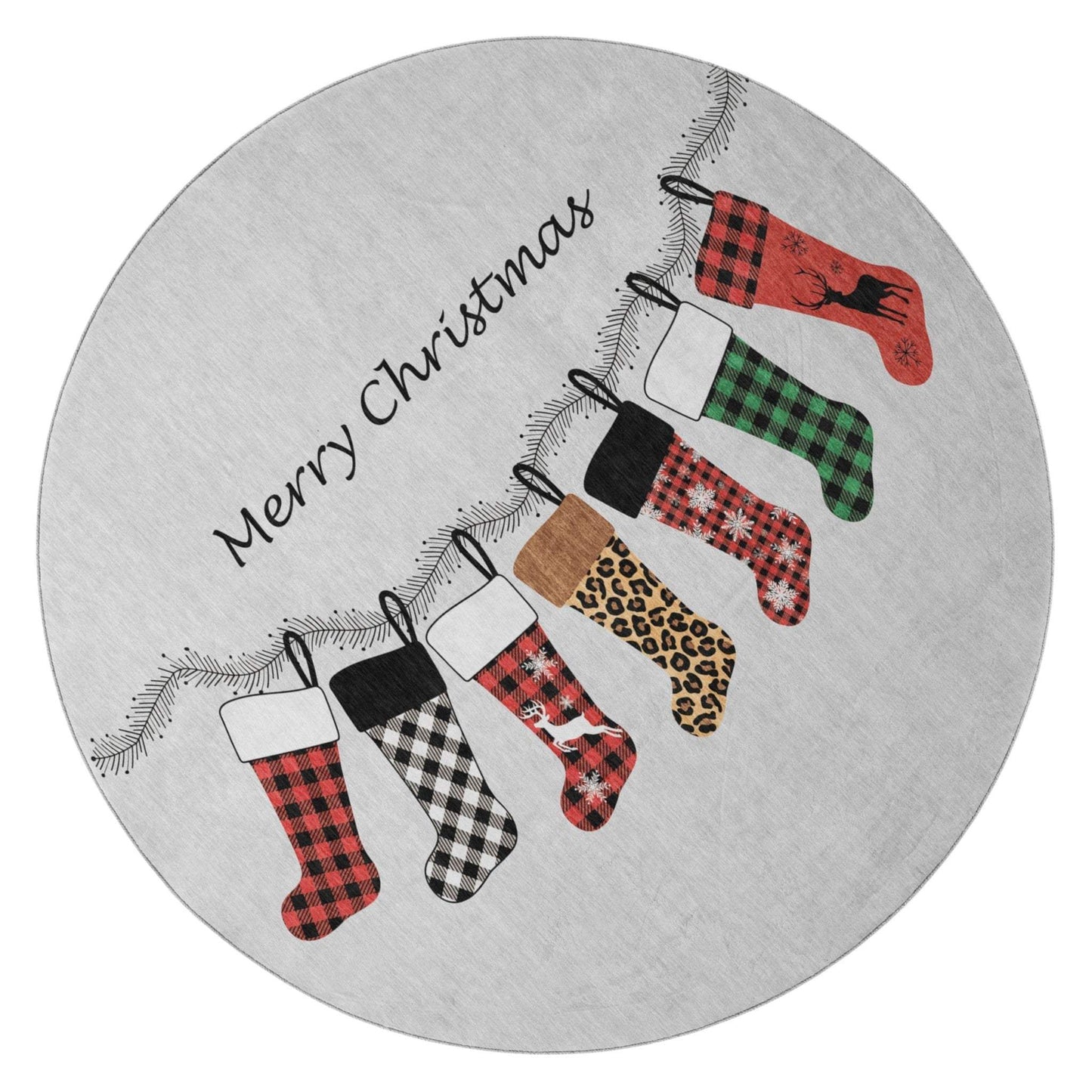 8' Gray Red And Green Christmas Stockings Washable Area Rug With UV Protection - HomeRoots - Flyclothing LLC