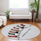 8' Gray Red And Green Christmas Stockings Washable Area Rug With UV Protection - HomeRoots - Flyclothing LLC