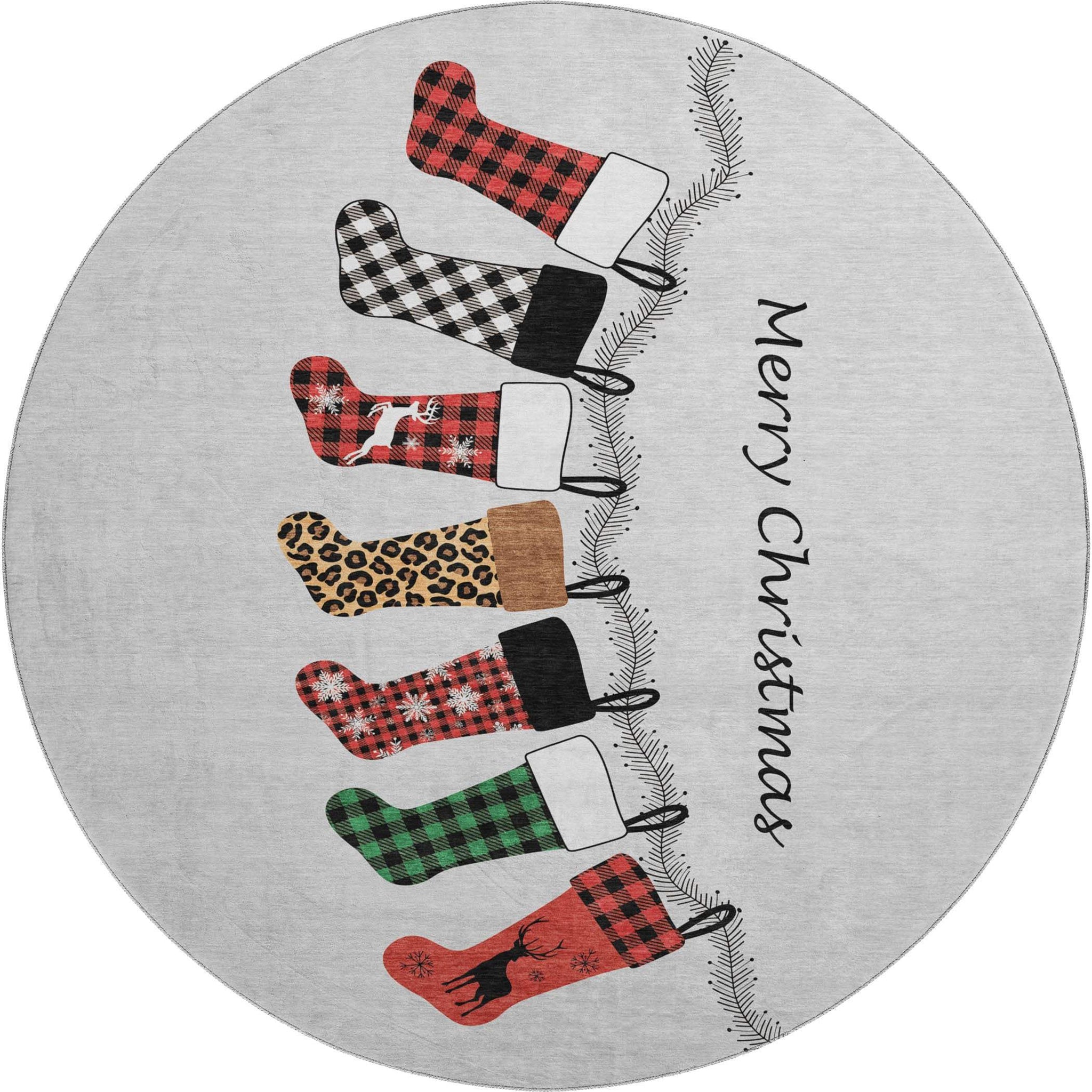 8' Gray Red And Green Christmas Stockings Washable Area Rug With UV Protection - HomeRoots - Flyclothing LLC