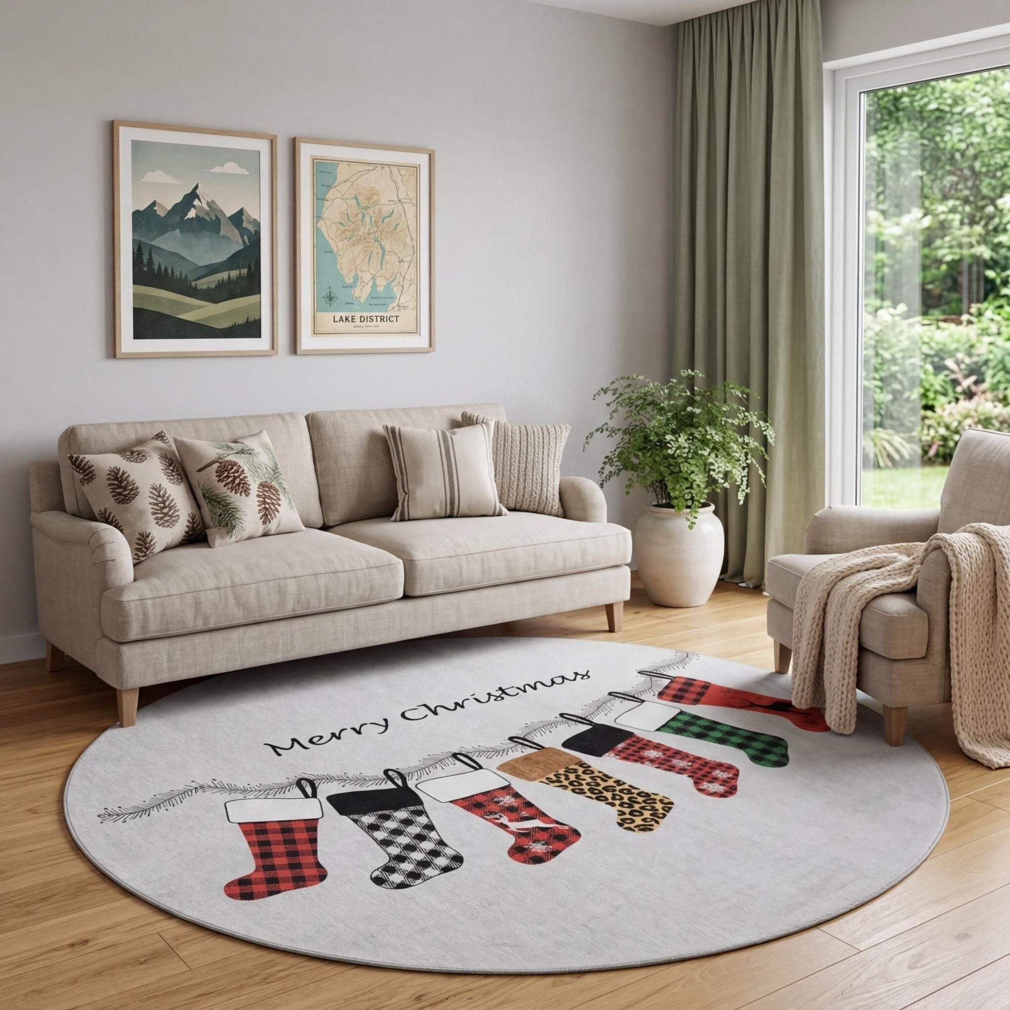 8' Gray Red And Green Christmas Stockings Washable Area Rug With UV Protection - HomeRoots - Flyclothing LLC