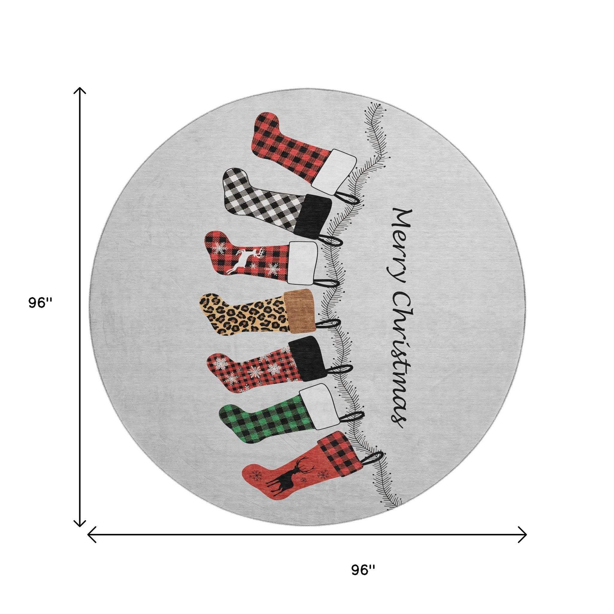 8' Gray Red And Green Christmas Stockings Washable Area Rug With UV Protection - HomeRoots - Flyclothing LLC