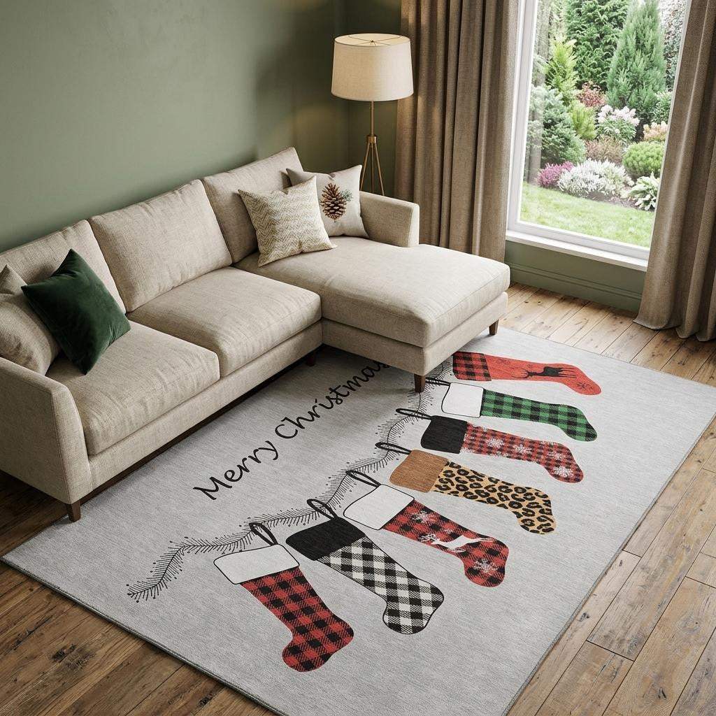 9' X 12' Gray Red And Green Christmas Stockings Washable Area Rug With UV Protection - HomeRoots - Flyclothing LLC