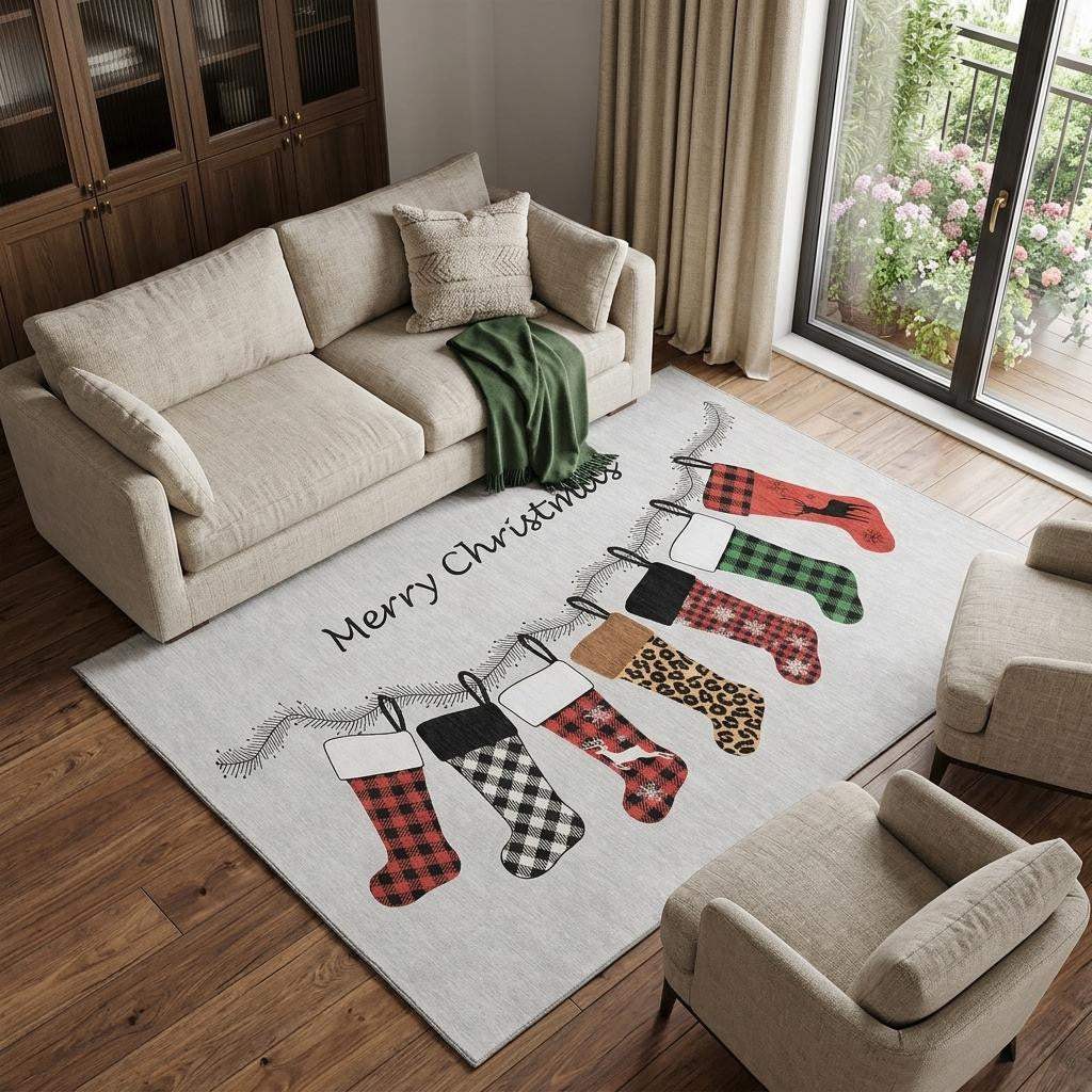 10' X 14' Gray Red And Green Christmas Stockings Washable Area Rug With UV Protection - HomeRoots - Flyclothing LLC