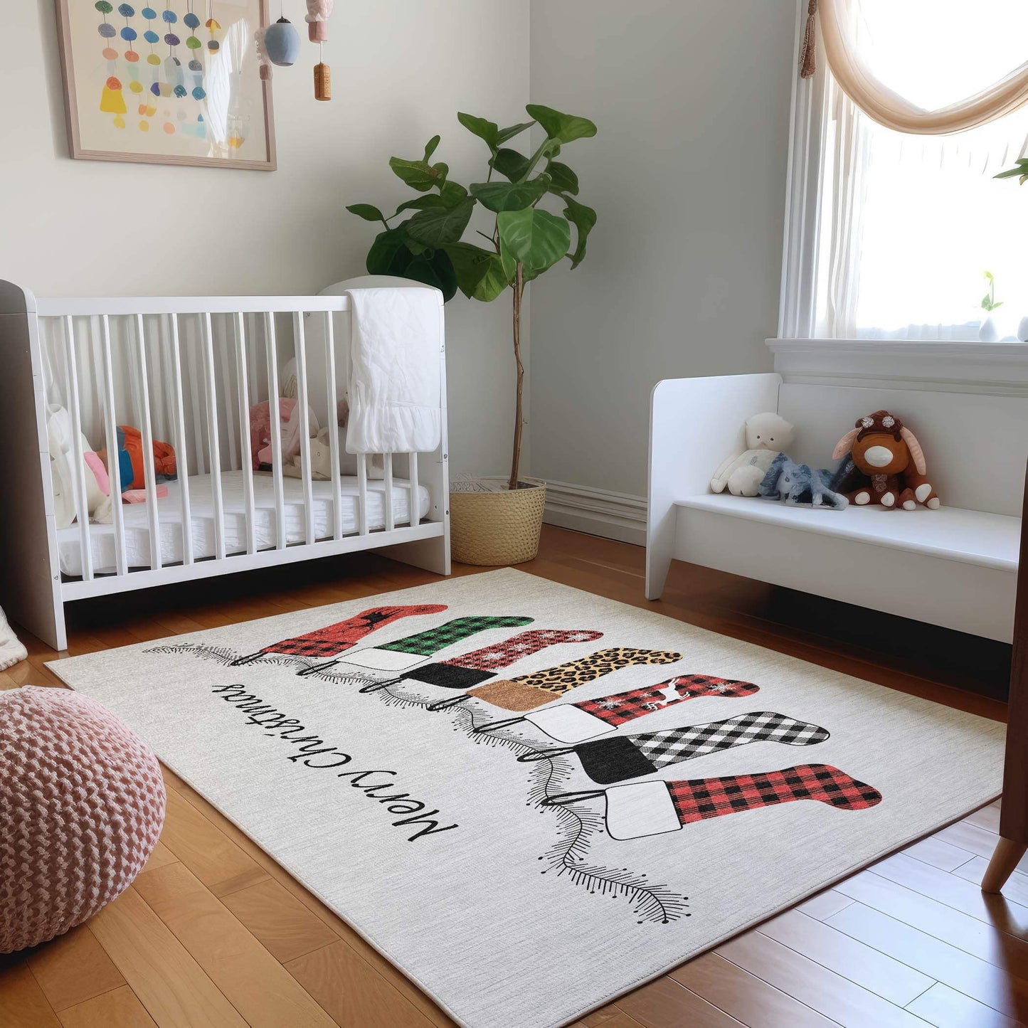 10' X 14' Gray Red And Green Christmas Stockings Washable Area Rug With UV Protection - HomeRoots - Flyclothing LLC