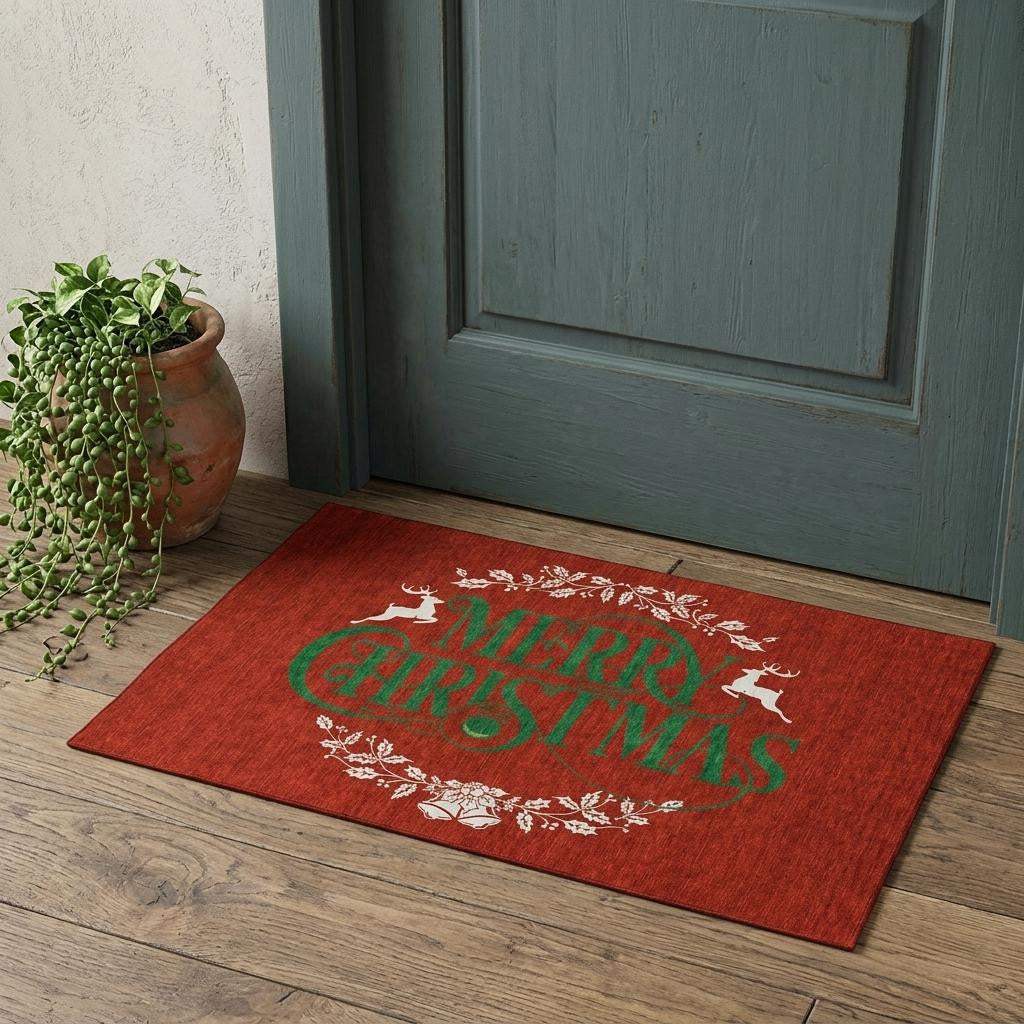 3' X 5' Ruby Red Green And Ivory Christmas Washable Area Rug With UV Protection - HomeRoots - Flyclothing LLC